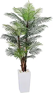 Artificial Palm Tree 7FT, Fake Tree with Realistic Fiber Trunks and White Tall Planter, Faux Tropical Areca Floor Plant in Pot, Artificial Silk Plant for Home Decor Office Decor Indoor