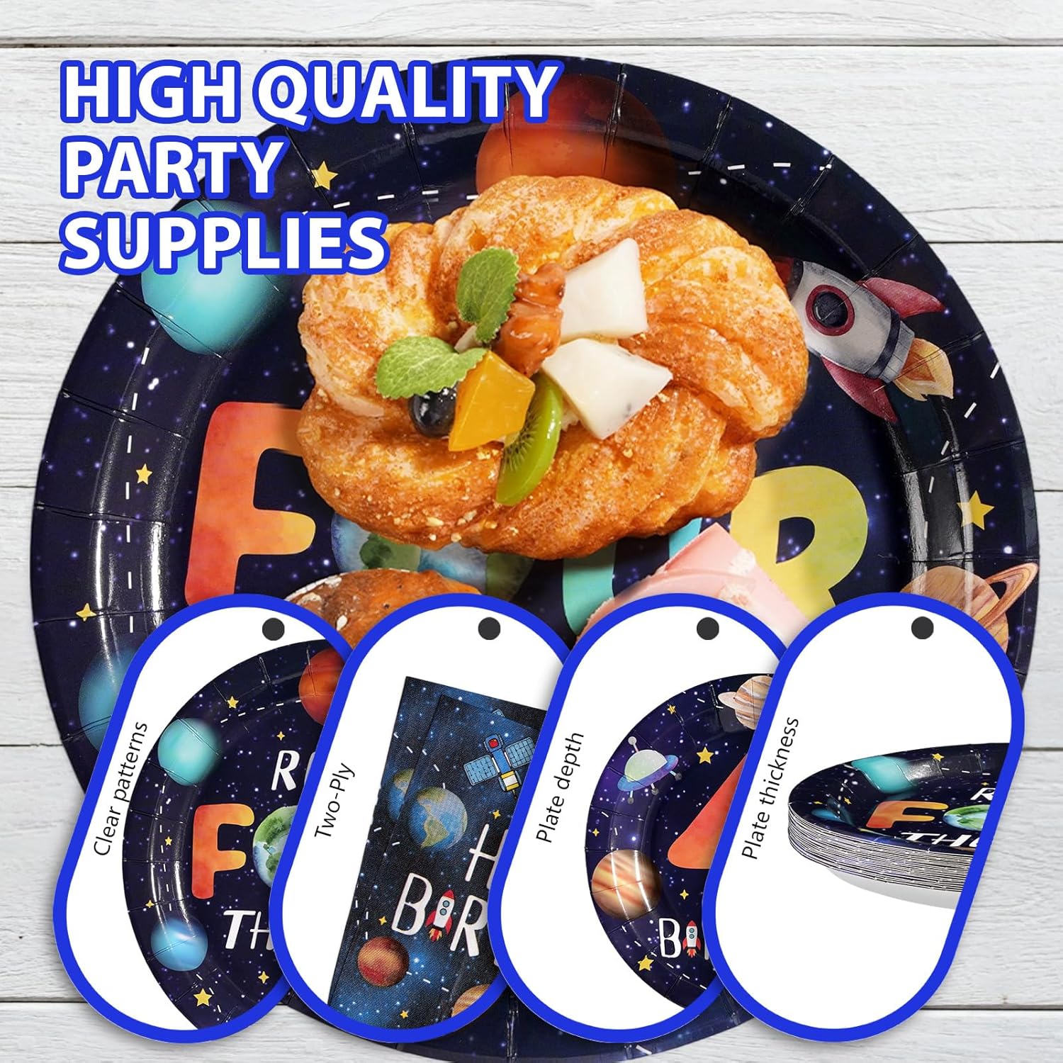 96Pcs Reach Four the Stars Party Supplies Space 4th Birthday Plates and Napkins Disposable Outer Space Theme Tableware Set for Boys Galaxy Astronauts Planet Birthday Party Decorations Serves 24