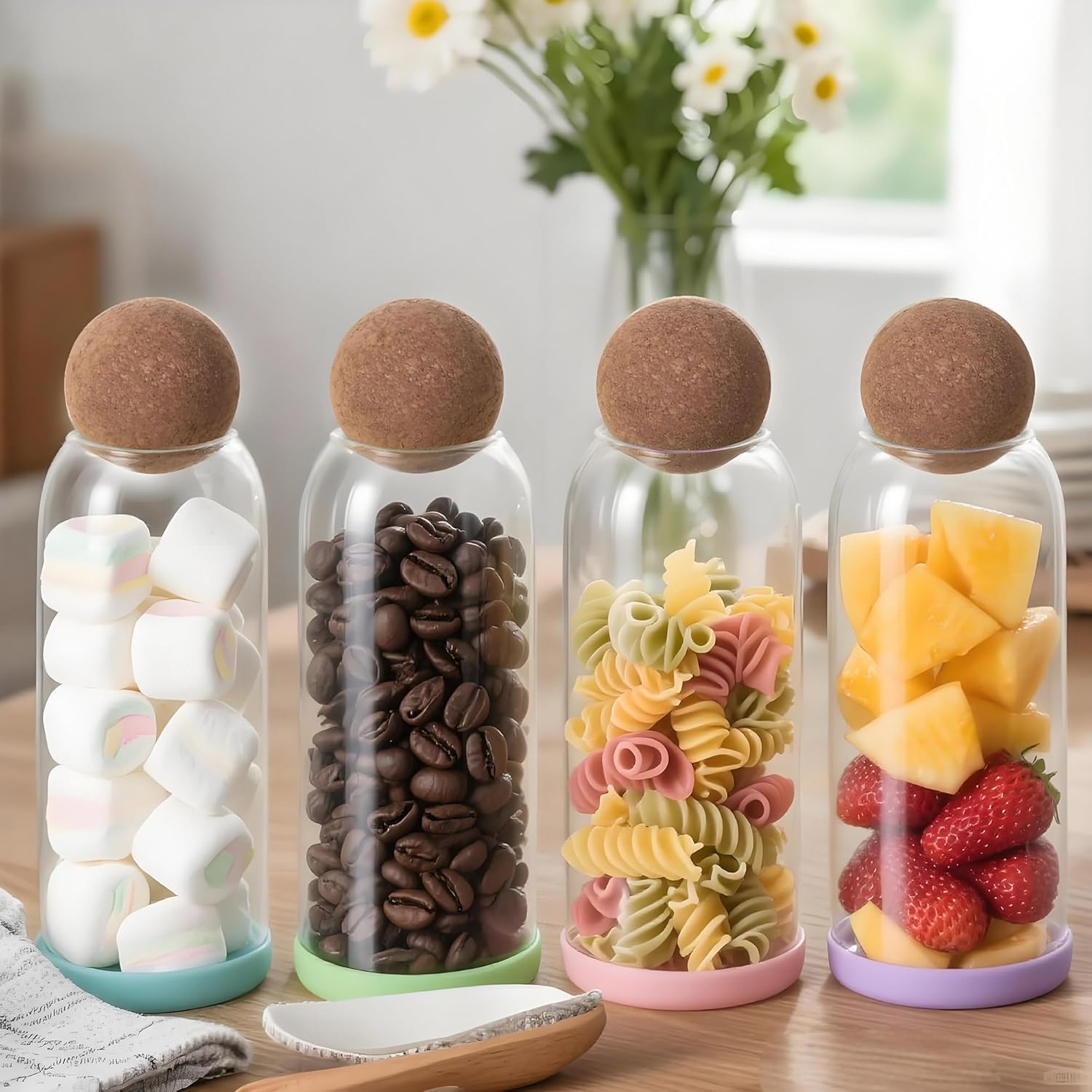 4pcs 43oz/1250ML Glass Storage Container with Ball Cork Glass Jars with Cork Lids Glass Food Storage Containers with Ball Stopper Coffee Canister for Beans,Nuts,Oats,Spices,Candies,Biscuits