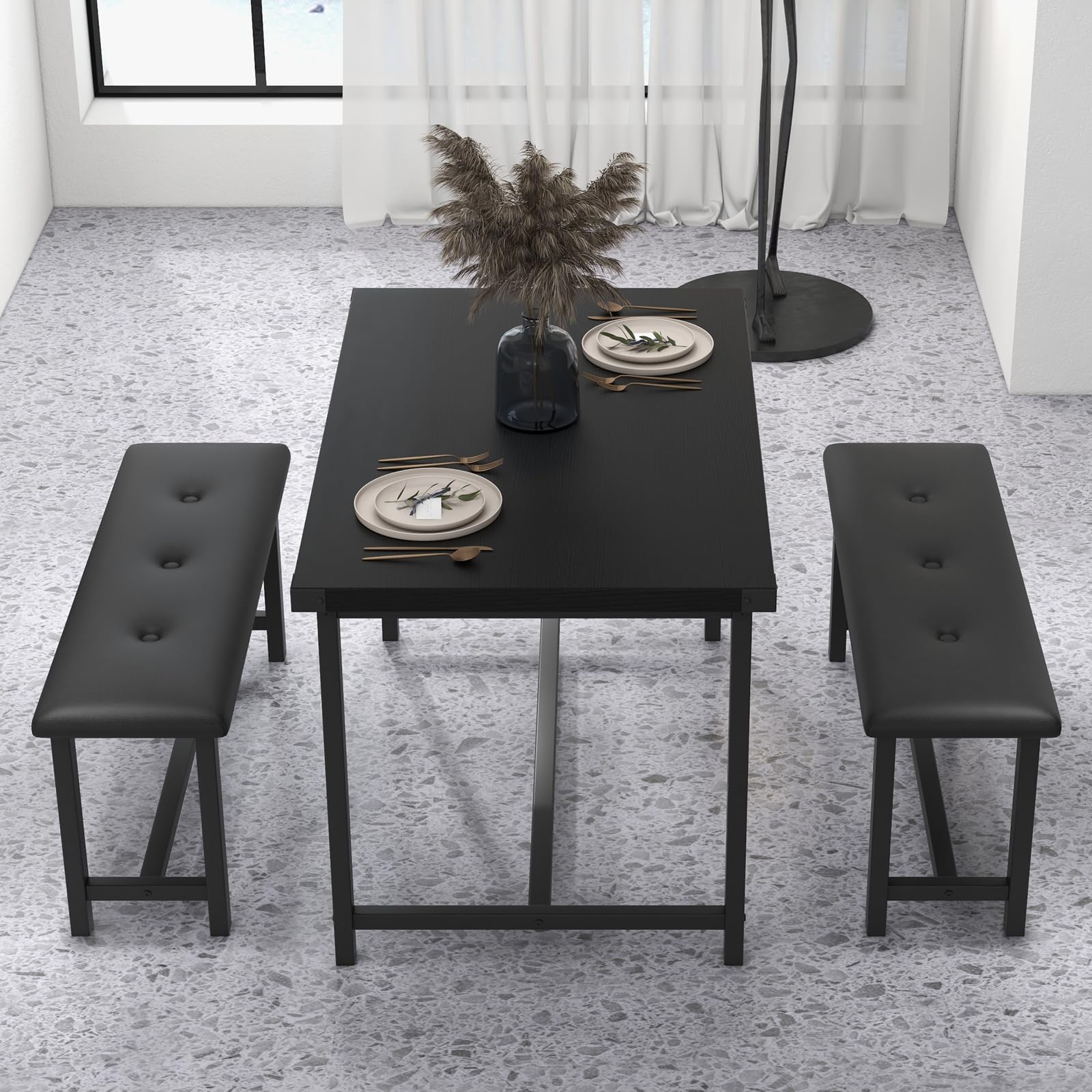 Aptliton 4-Person Kitchen Table Set with 2 Upholstered Benches | Compact Dining Set for Small Spaces & Apartments | Easy-Clean MDF Top & Steel Frame