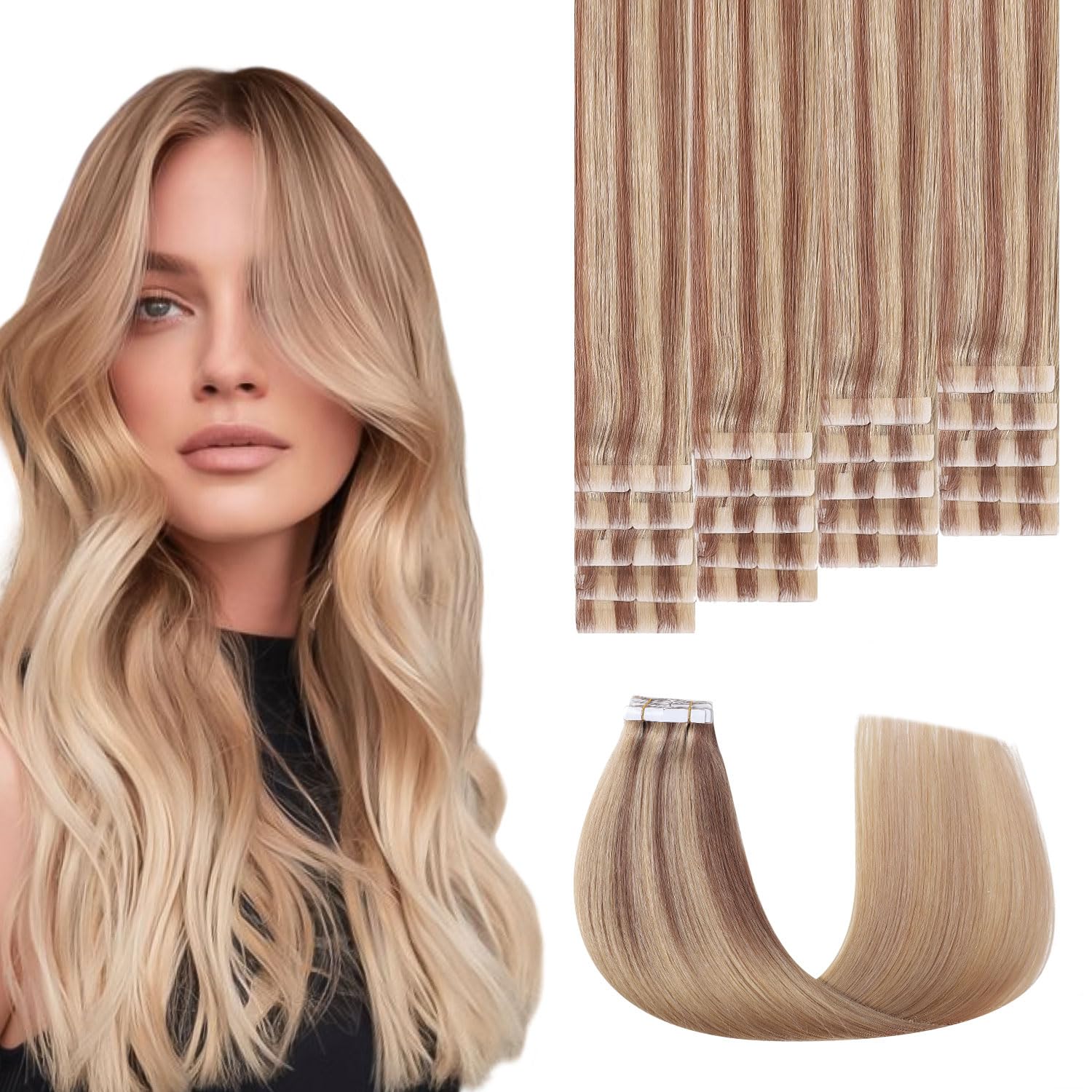 Sweetmet 3rd-Generation Invisible Tape in Hair Extensions Real Human Hair #10/27/27 Ash Brown to Caramel Blonde 20pcs 45g 20inch Seamless Injection