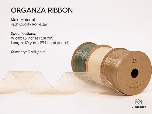 Miniatura 2 de Vitalizart Cinta de organza de 1.5 pulgadas x 30 yardas, color crema, blanco, oro rosa y verde polvoriento, cintas transparentes para envolver