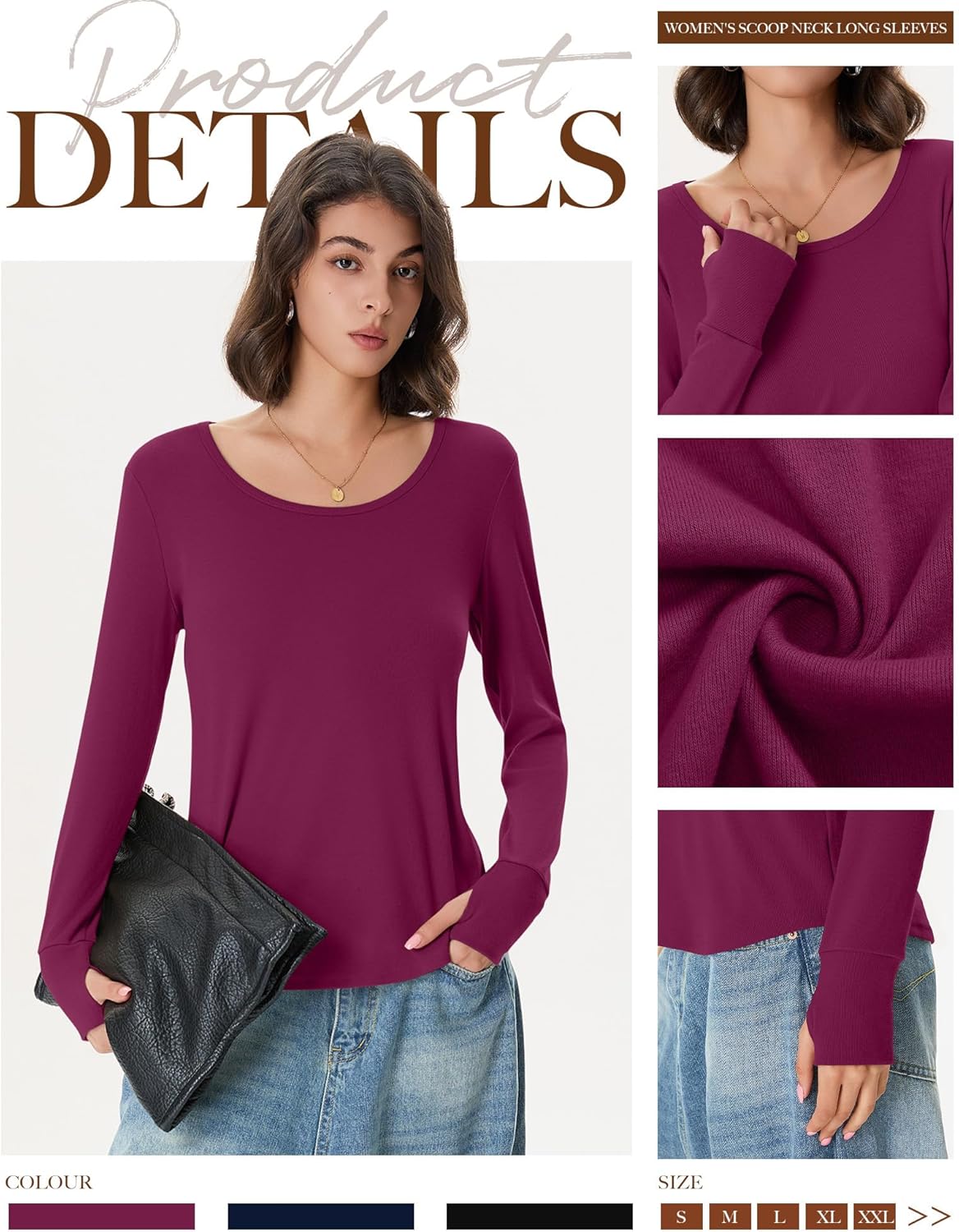 3 Pack Women's Long Sleeve Tunic Tops with Thumb Holes Cotton Scoop Neck T-Shirts Casual Loose Basic Tee Blouses - Image 4