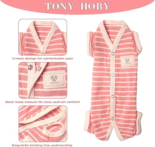 Miniatura 2 de TONY HOBY Pijama de perro para mascotas, pijama de perro de 4 patas con rayas, ropa de algodón suave para recuperación de cirugía (XL, rosa + niña