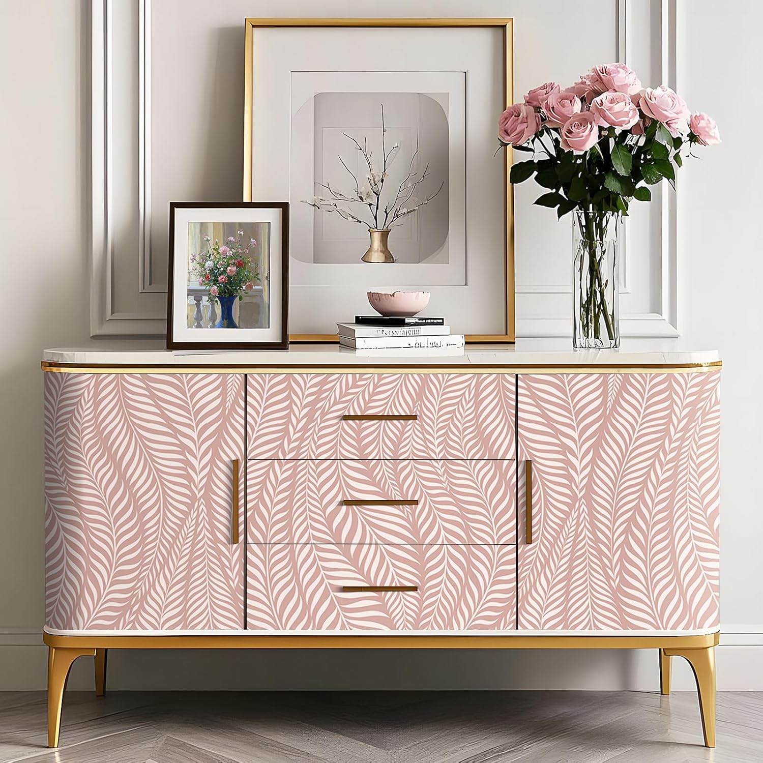 Livelynine 17.5x276 Coastal Striped Peel and Stick Wallpaper Vintage Floral Pink Stripe Wallpaper for Bathroom Bedroom Girls Palm Silhouette Renter Friendly Pink Stripe Contact Paper Decorative Vinyl