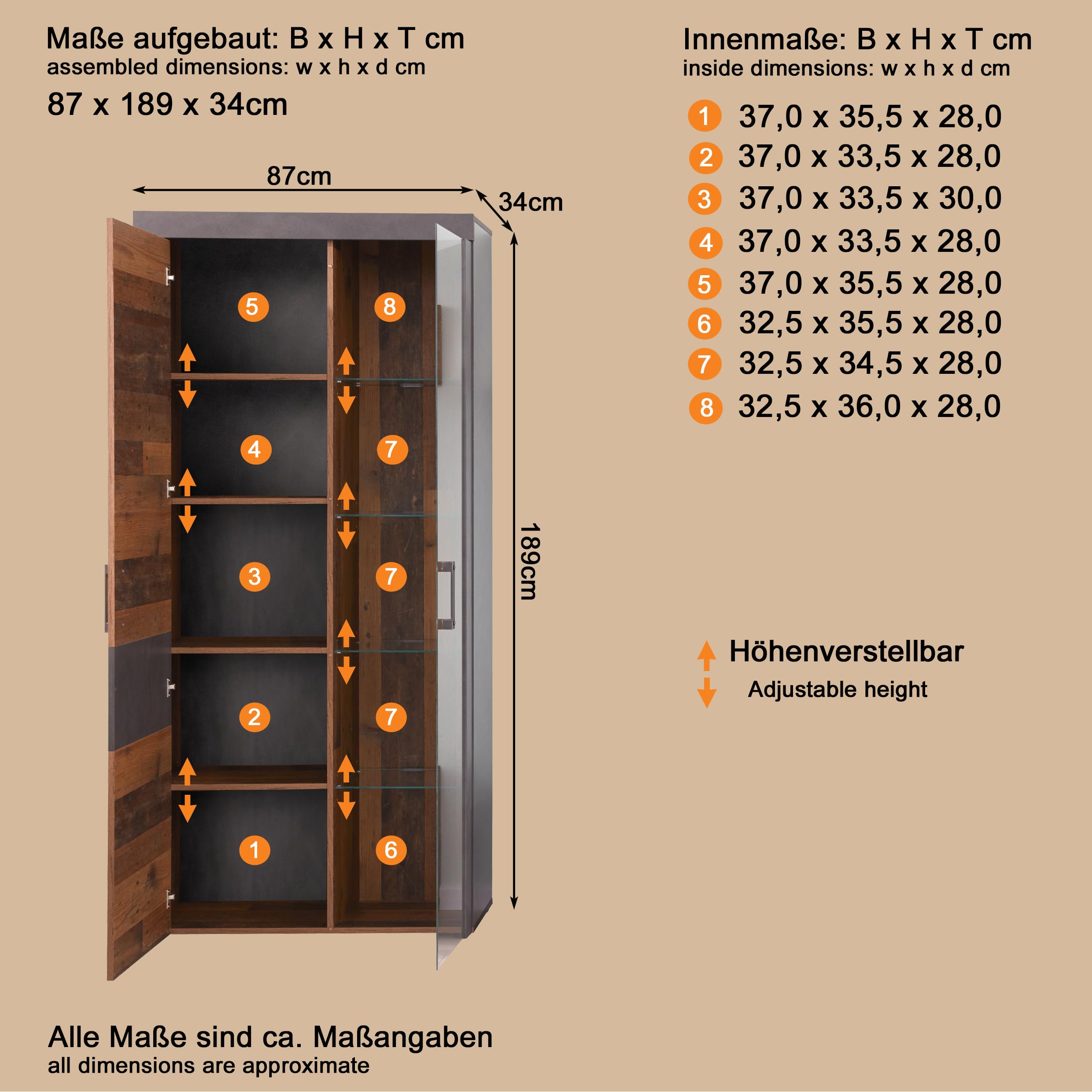 trendteam smart living - Indy - Wohnwand - Eiche/Grau - Anbauwand mit Stauraumvitrine, Stauraumelement, TV-Unterschrank und Wandboard - (BxHxT) 343 x 189 x 40 cm - antikfarbene Griffe