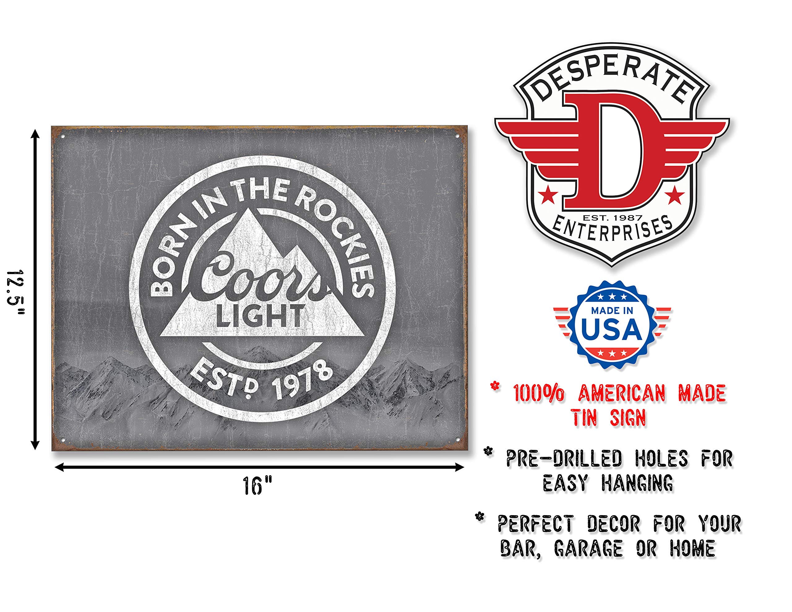 Desperate Enterprises Coors Light - Born in The Rockies Tin Sign, 16