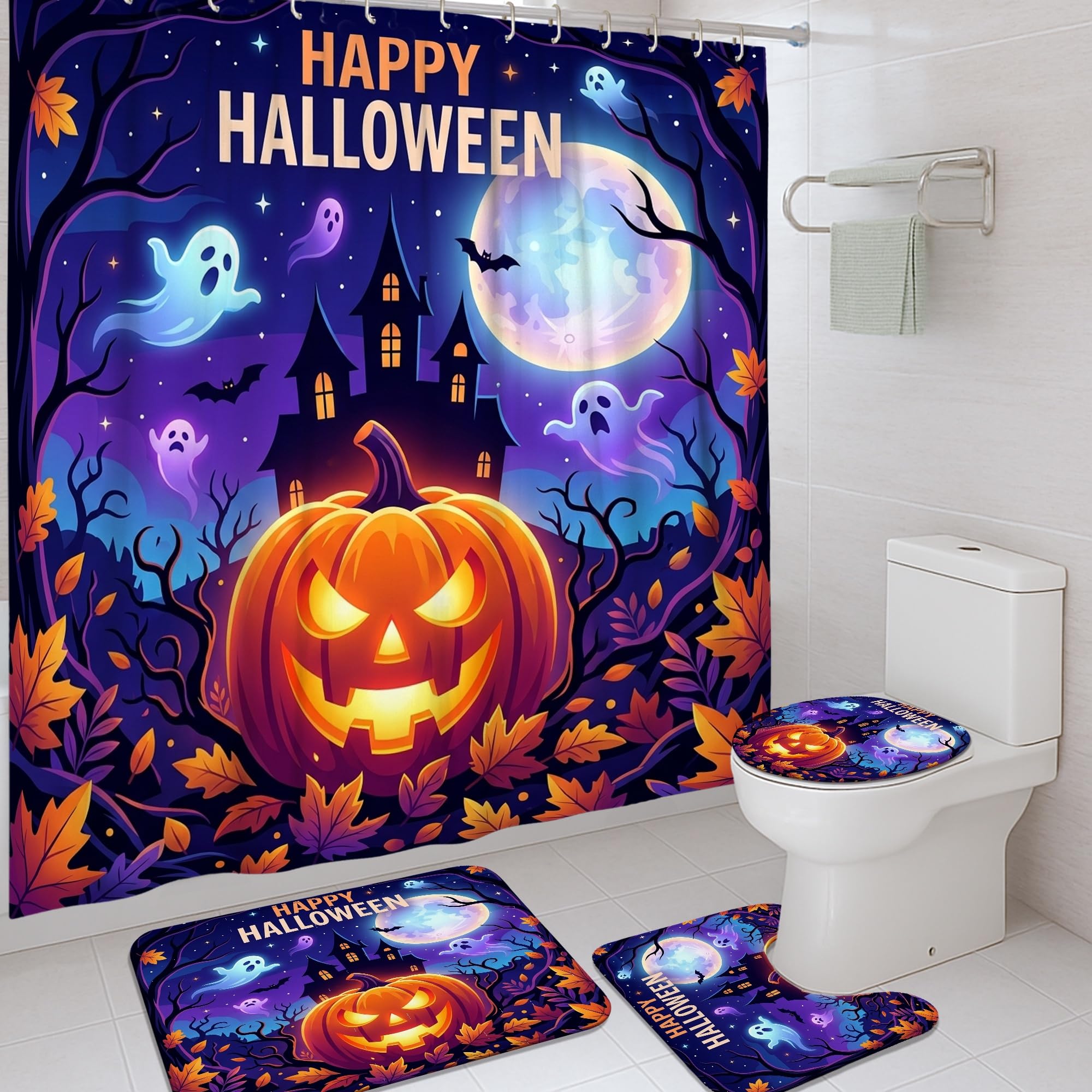 Rideau de douche citrouilles et tapis Halloween orange pour salle de bain festive