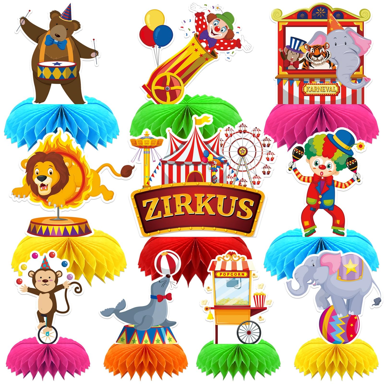 JULMELON 10 Stück Karneval Bienenwaben Tischdeko, 3D Zirkus Deko für Tischdeko Tier Party Bienenwabe Mittelstücke Tischdeko für Karneval Kinder Zirkus Geburtstag