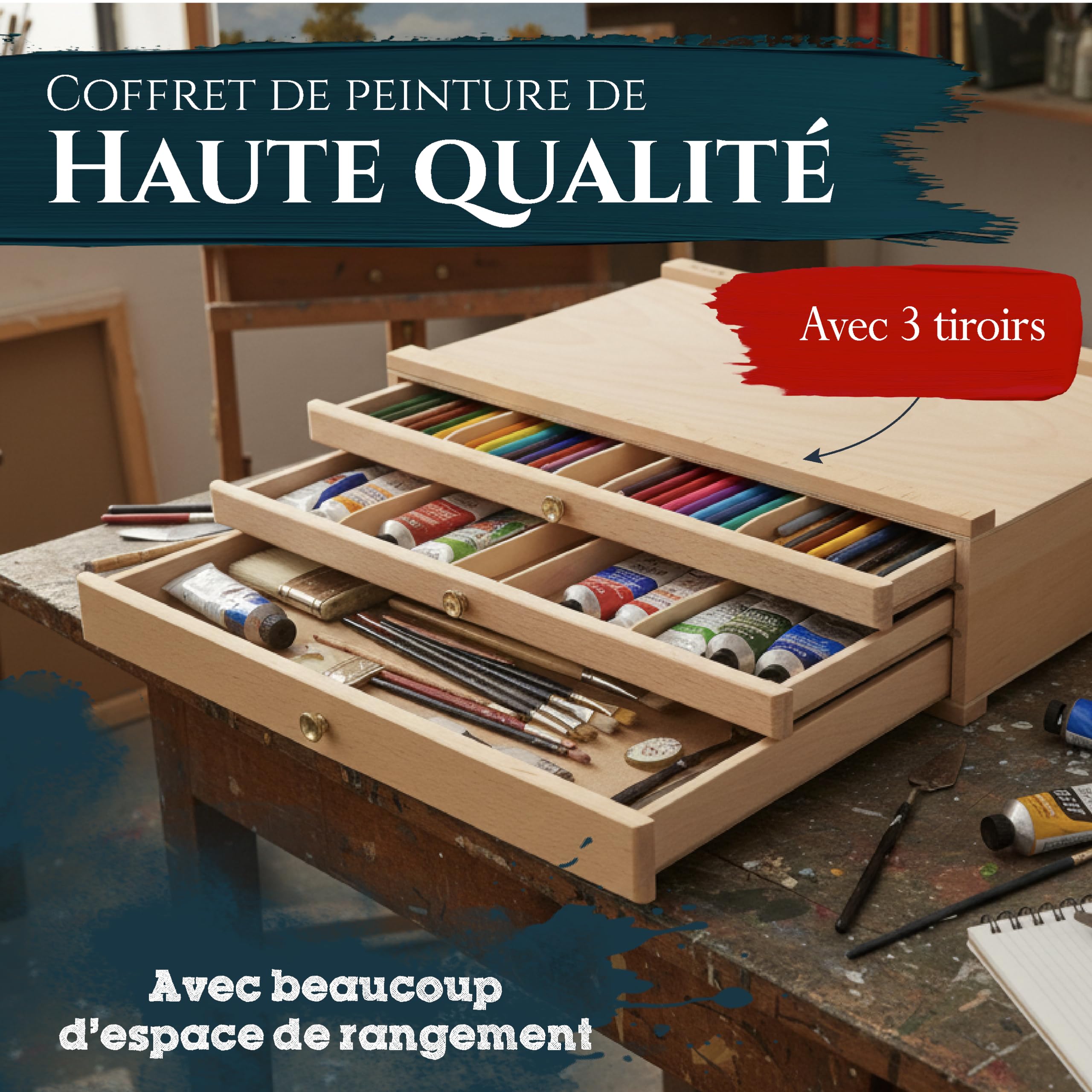 Artina - Boite de Rangement Troyes en Bois pour Materiel de Peinture - 3 tiroirs