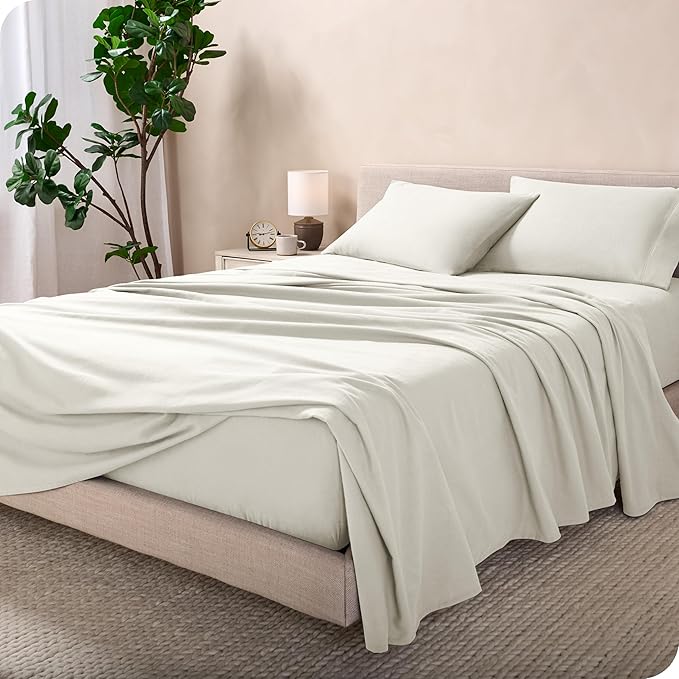 Bare Home Flannel Sheet Set 100% Cotton, Velvety Soft Heavyweight - Double Brushed Flannel - Deep Pocket (Queen, Cream)