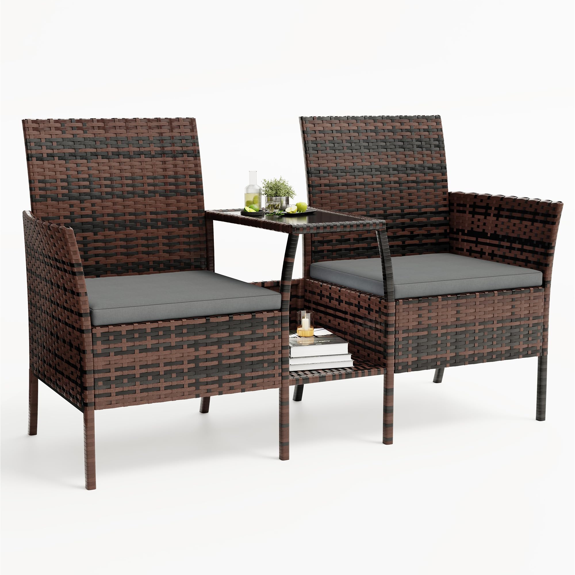 Amopatio Polyrattan Gartenbank, Outdoor Sitzbank mit Tisch & Ablage, Gartenmöbel Rattan Gartensofa, Wetterfest & UV-beständig Balkonbank Sitzgruppe für Garten, Balkon, Braun