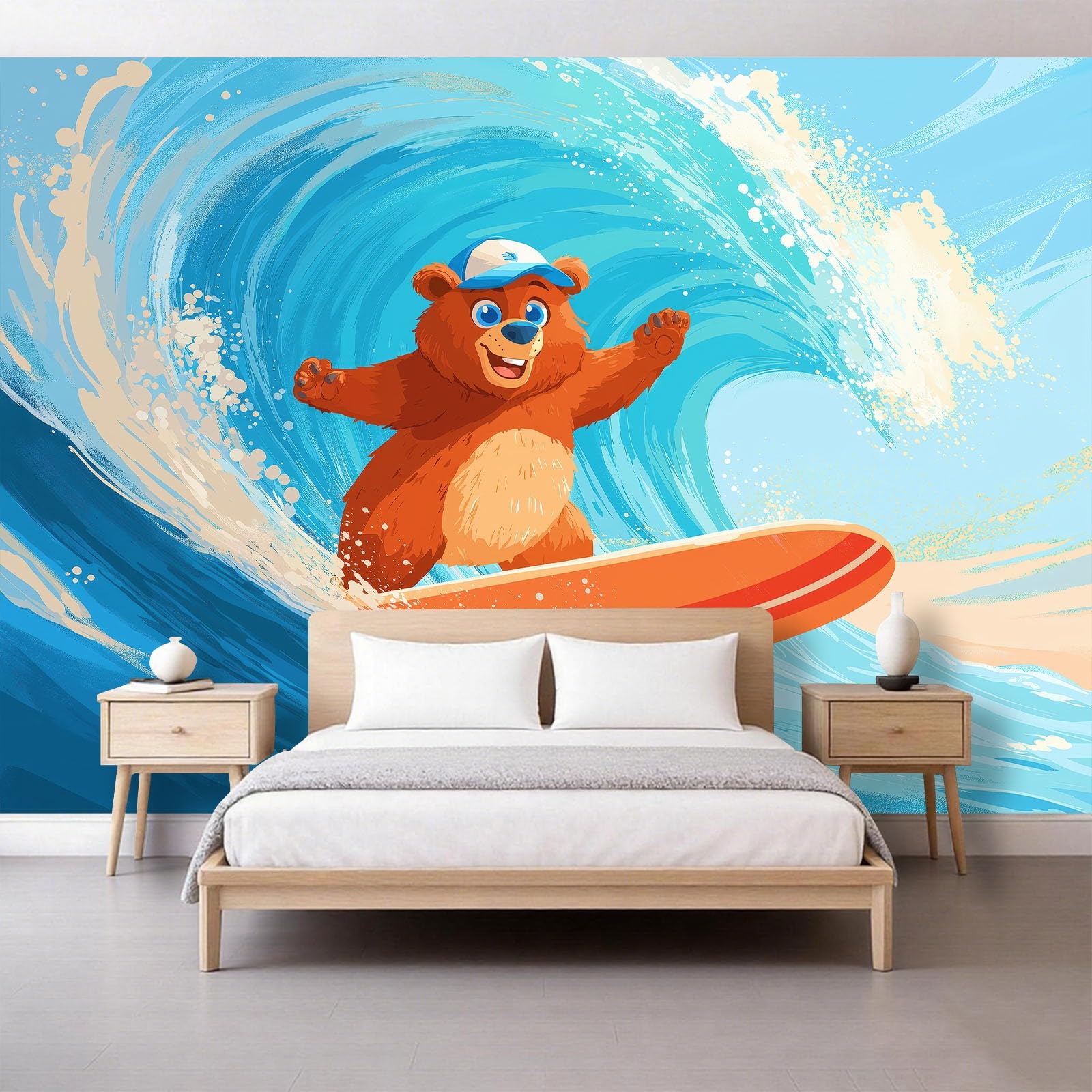 Fototapeta premium z włókniny, kreskówka, sport, fale, zwierzęta, niedźwiedź, 350 x 256 cm, tapeta z włókniny do łazienki, pokoju dziecięcego, pokoju zabaw - XXL tapeta ścienna z motywem