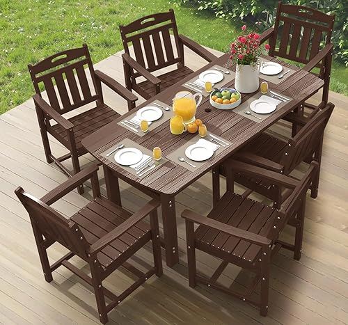 Miniatura 29 de Ciokea HDPE - Juego de comedor al aire libre, juego de mesa y sillas de patio de 7 piezas con agujero para paraguas, juegos de comedor de patio para