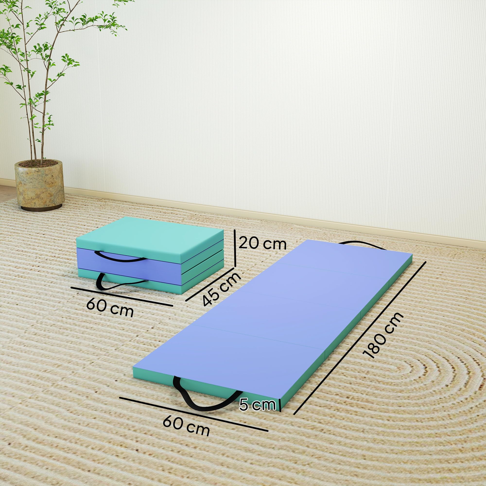 SPORTNOW Trainingsmatte, Faltbare Fitnessmatte Sportmatte mit Griff Gymnastikmatte Gymnastik Tumbling Matte für Yoga, MMA, Fitness, Pilates, Synthetikbezug, Grün+Lila, 180 x 60 x 5 cm