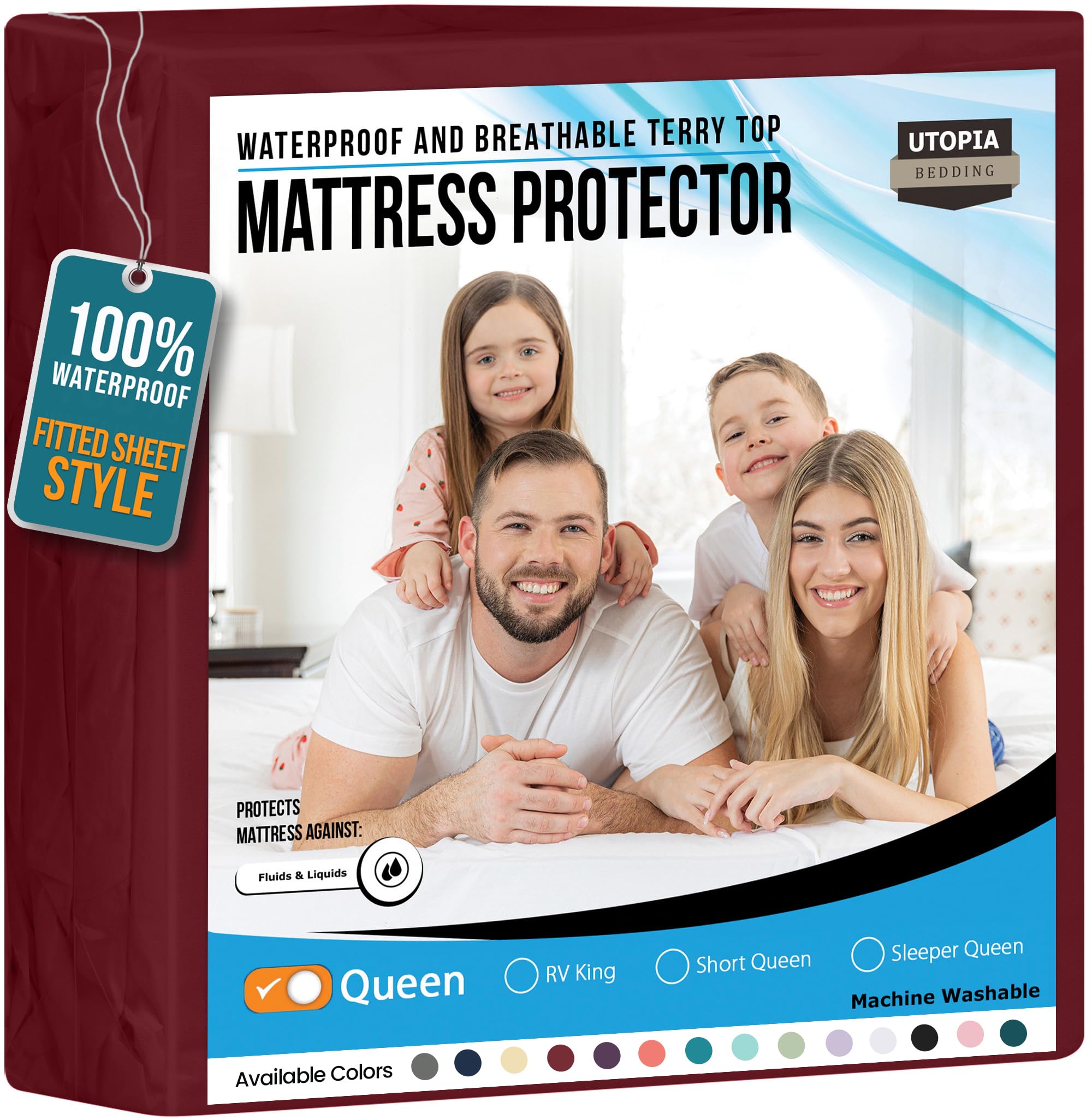 Utopia Bedding Waterproof Mattress Protector Queen Size, Premium Terry Mattress Cover 200 GSM, Breathable, Fitted Style with Stretchable Pockets (Burgundy)