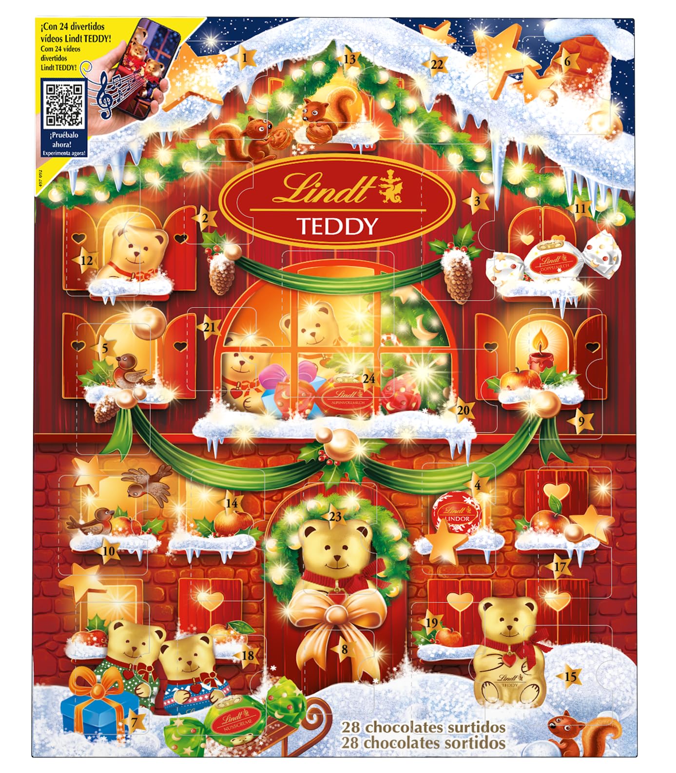 Lindt Calendario de Adviento Navidad Chocolate y Bombones . Sorpresas de Chocolates con Leche variados Lindor. Incluye Ositos y bombones surtidos , 170 g (Paquete de 1)