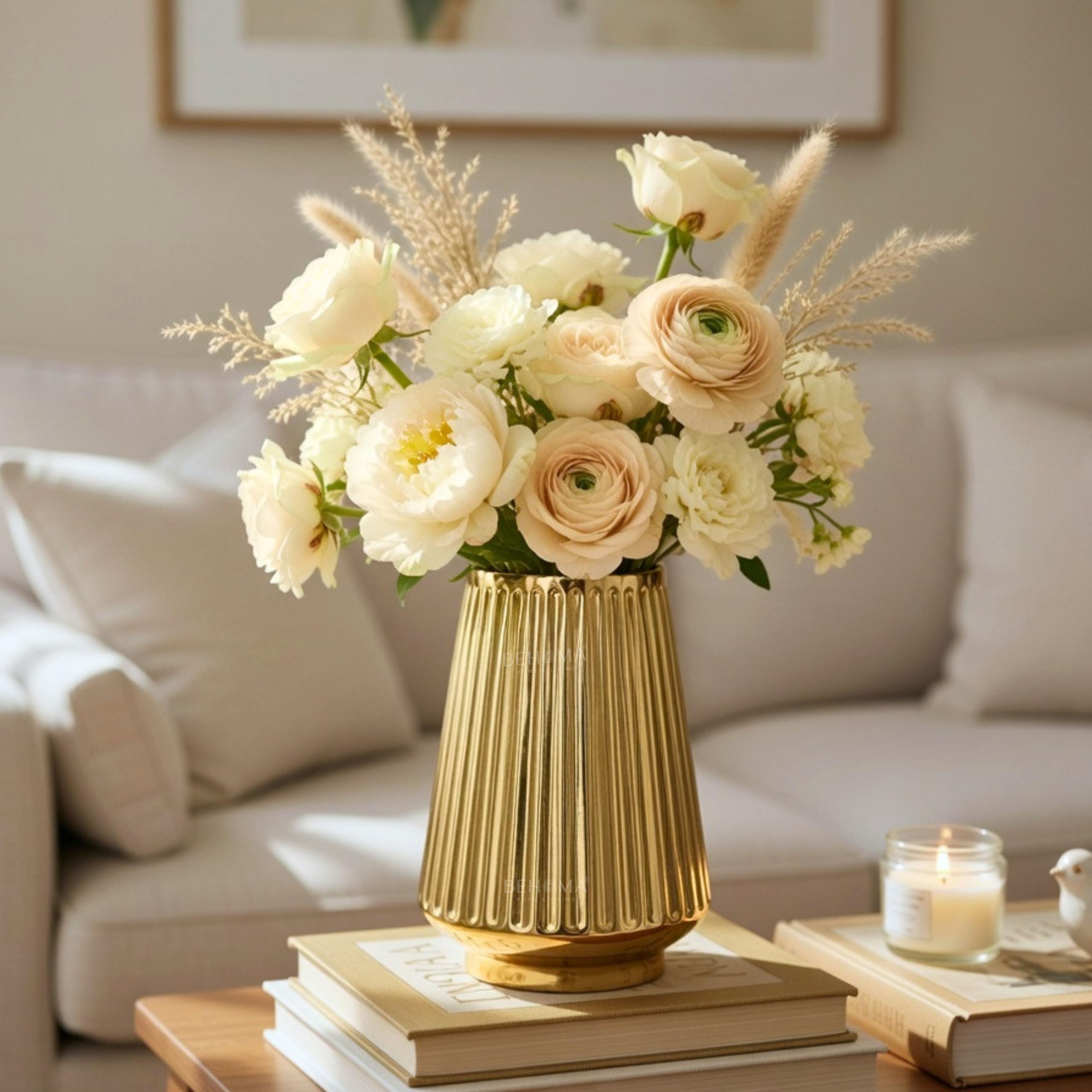 Behoma Metal Fluted Column Flower Vase for Home Decor | Golden Ribbed Modern Vase for Living Room, Bedroom, Office Decoration | Birthday & Wedding Gold, 6 inch (Flower Not Included)-image-38