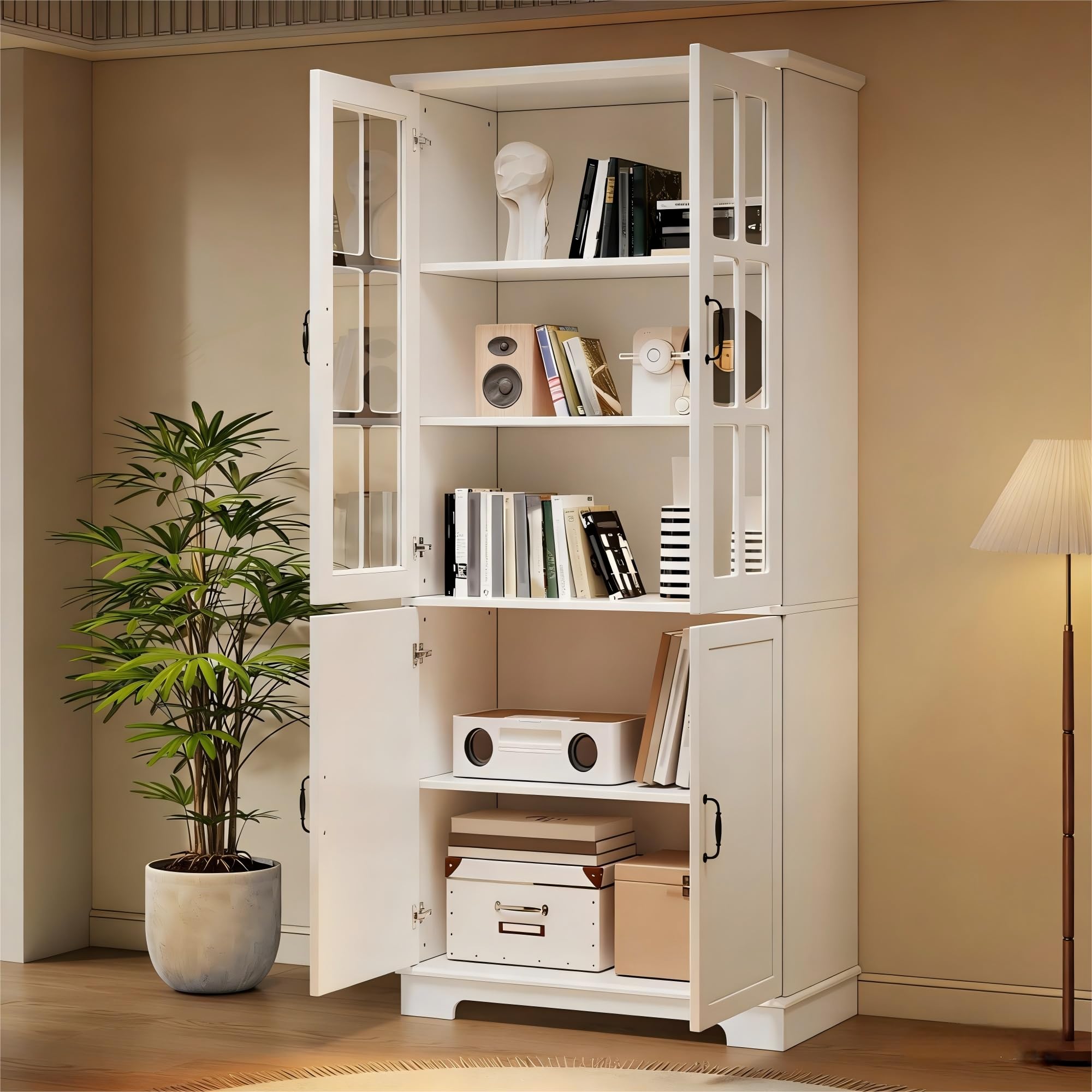 Armario alto con 2 rejas de cristal y 2 puertas completas, 80 x 38 x 180 cm, color blanco, estantería con 5 niveles, tablero de partículas, armario de vitrina estilo rústico para salón y