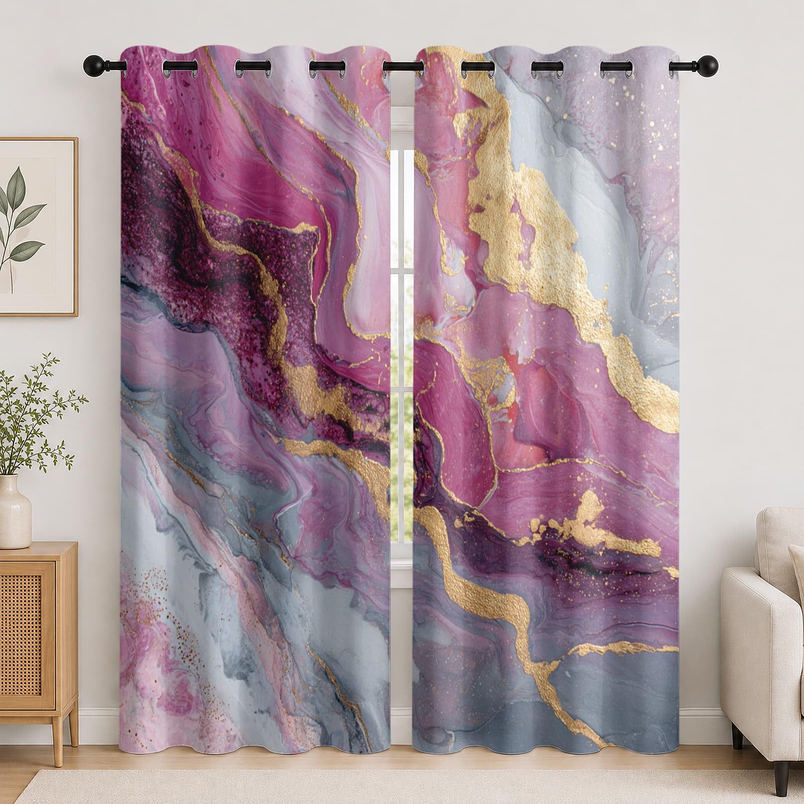 Genérico Aislantes Cortinas Opacas para NiñOs 140An x 260Al cm (2 Paneles), Arte MáRmol Textura PoliéSter Cortinas Privacidad Rosa Cortina con Ojales para Sala de Estar y Dormitorios