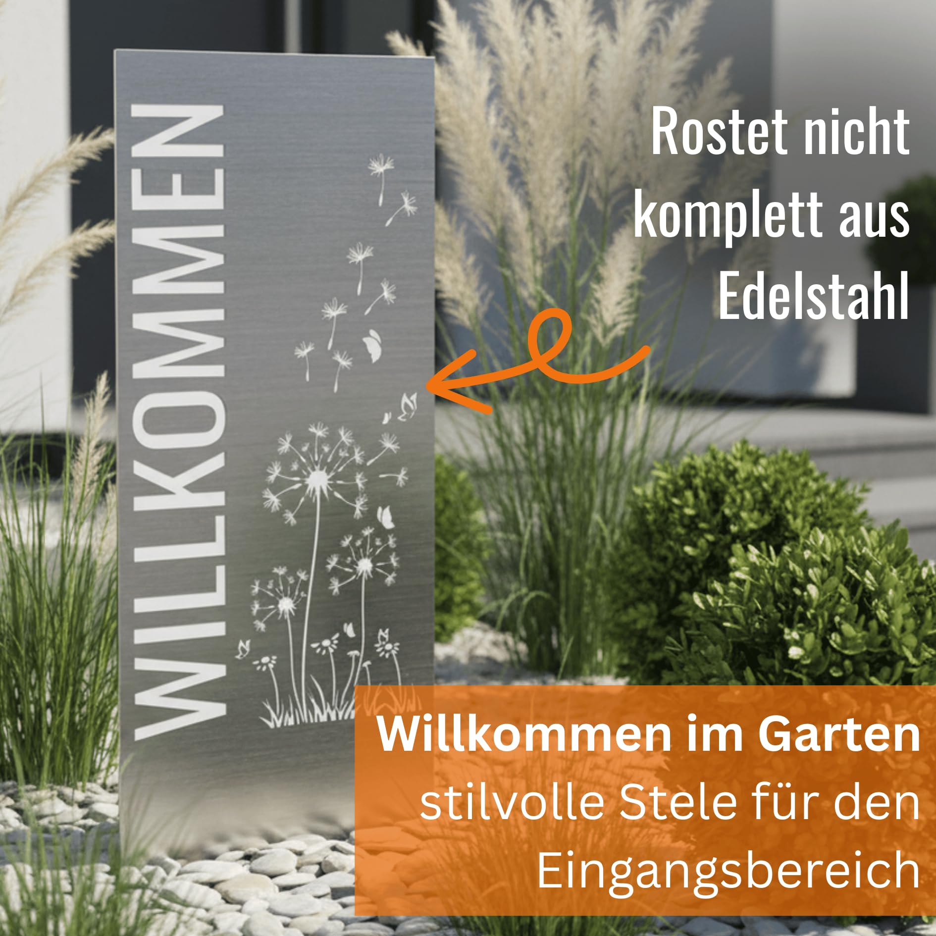 Terma Stahldesign Edelstahl Stele 120x50 cm Willkommen Pusteblume Gartenschild Gartenstele Sichtschutz modern Outdoor Handmade Germany