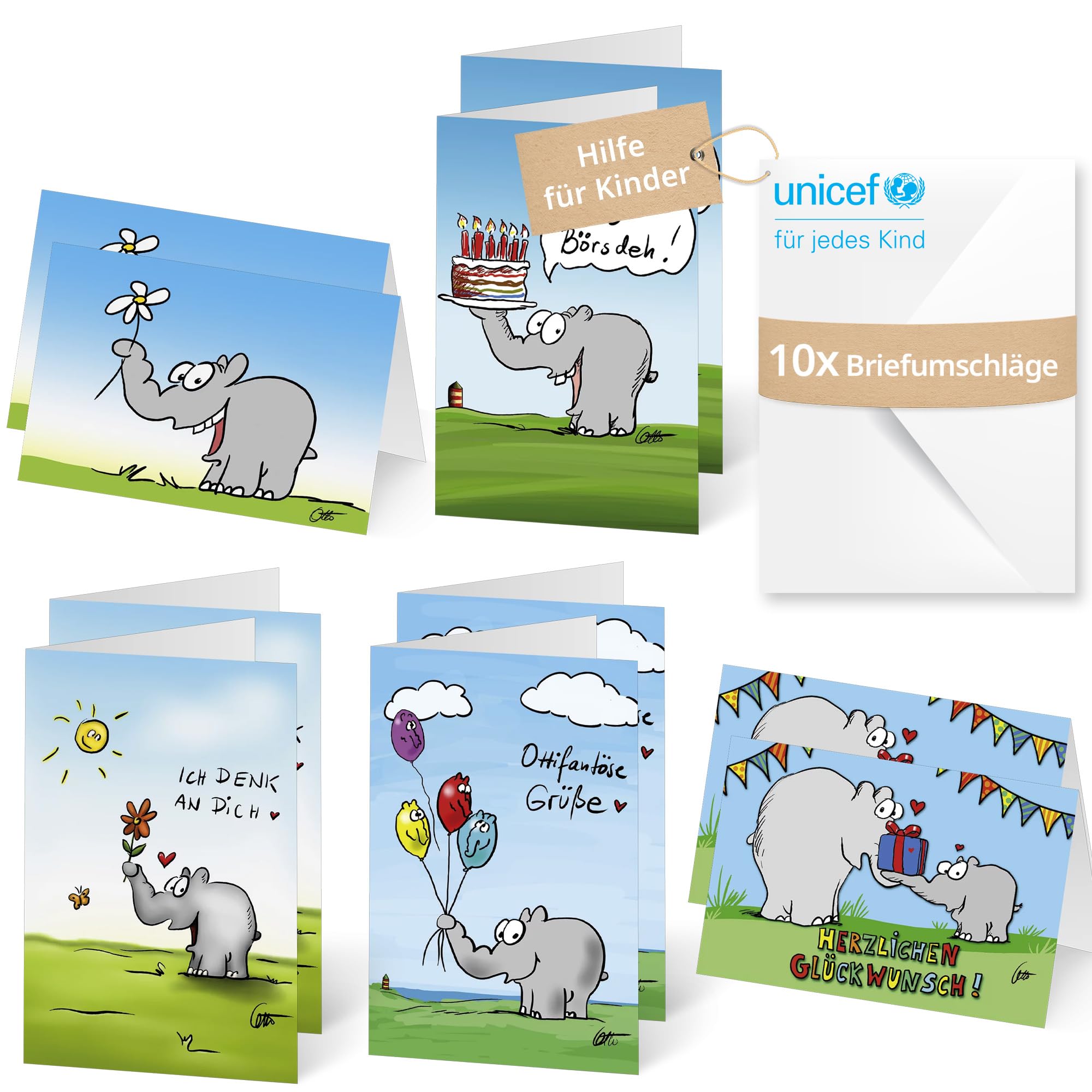 Unicef Grusskarten Set Geburtstagskarten Ottifanten | 10 Klappkarten mit Umschlägen | Grußkarten zum Geburtstag | pro verkauftem Set wird Kindern geholfen | klimaneutral produziert in Deutschland