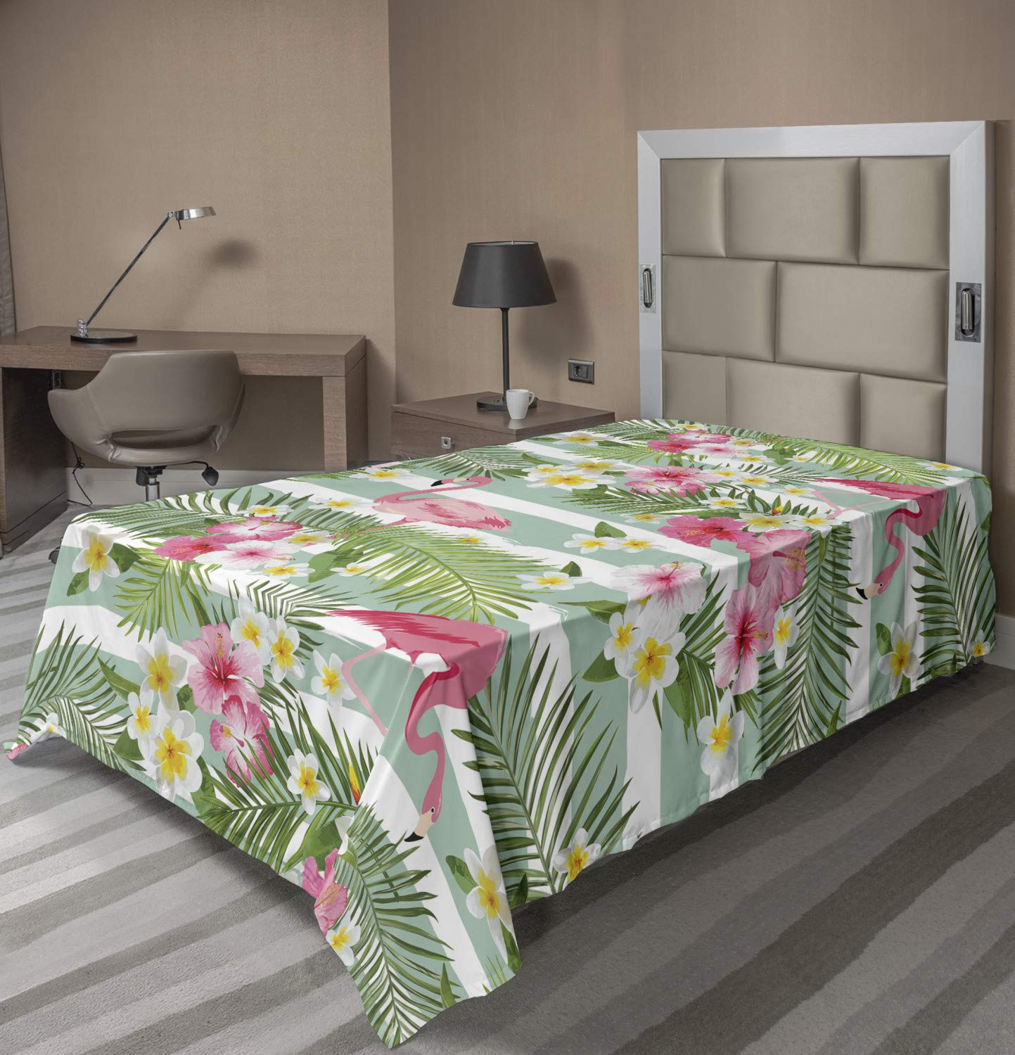 Ambesonne Flamingo Flat Sheet, Flamingos with Exotic Hawaiian Leaves Flowers on Striped Vintage Background, Soft Comfortable Top Sheet Decorative Bedding 1 Piece, Twin Size, Green Pink White