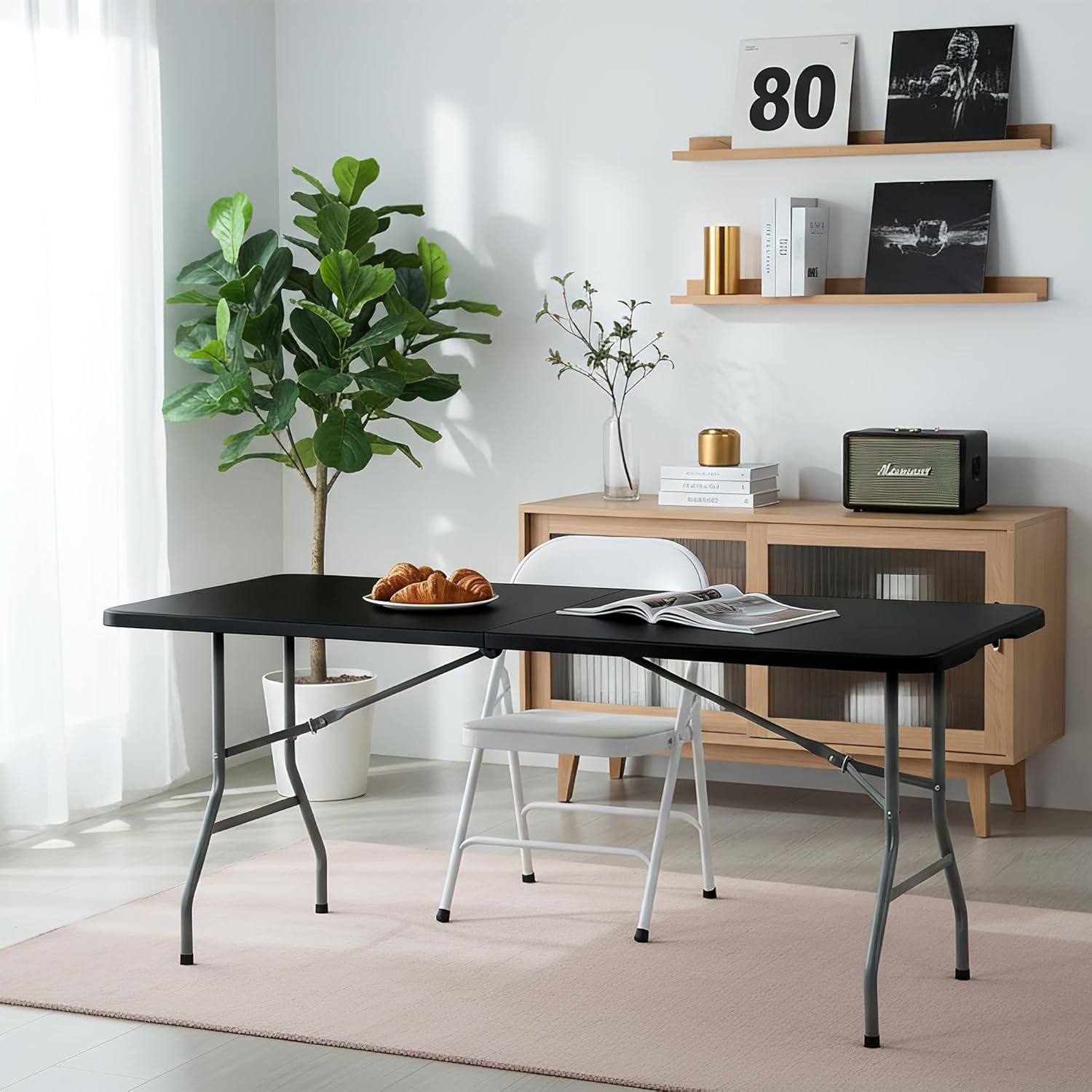 Folding Table 6FT Portable Heavy Duty Plastic Table with Carrying Handle Fold-in-Half Utility Foldable Tables for Parties Wedding Events Dining Indoor Outdoor Picnic (Black)