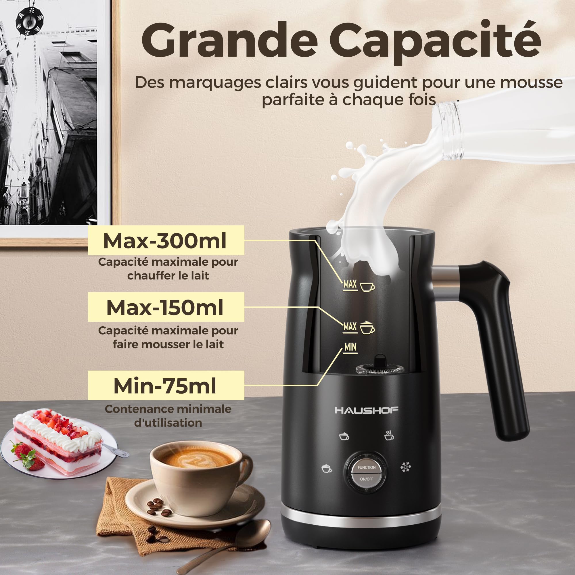 HAUSHOF Mousseur à Lait Électrique 4 en 1 Automatique avec Température