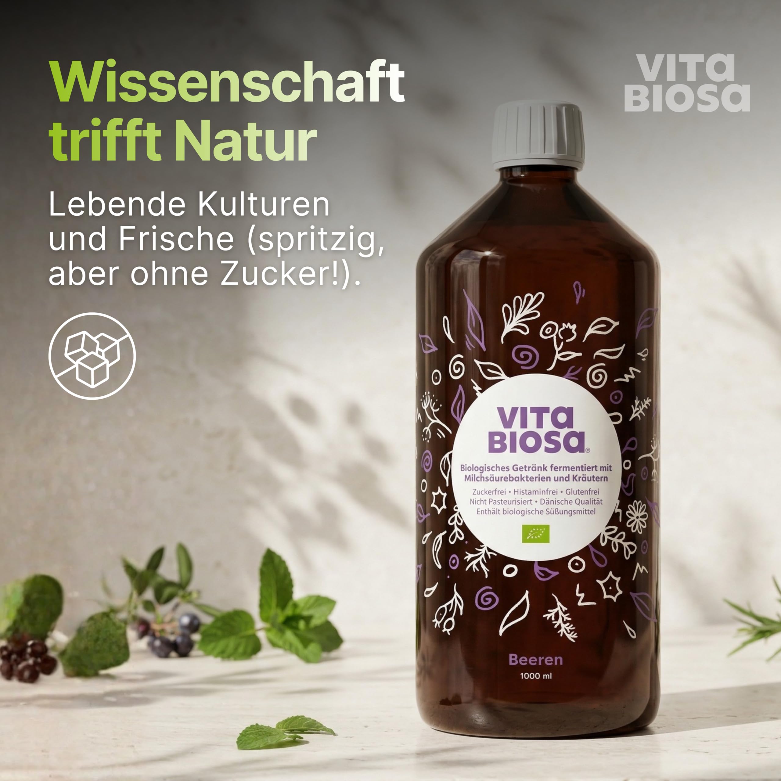 Vita Biosa Beeren Bio Fermentgetränk 1 L – süß-saure Variante mit Aronia, Johannisbeere und Heidelbeere – Milchsäurekulturen - 19 Kräutern – vegan, zuckerfrei, laktosefrei, Bio-Qualität