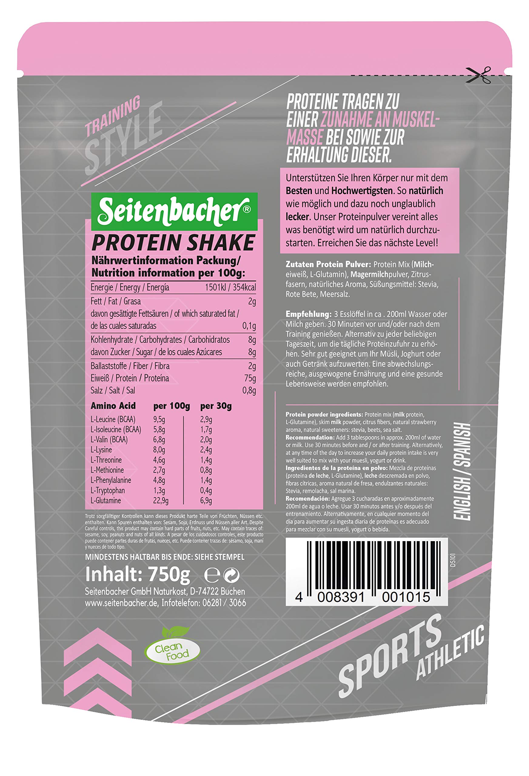 Seitenbacher Casein Protein Shake Pulver 75.0 | Erdbeere I 75% Eiweiß I ohne Soja I reines Casein Protein I ( 1 x 750 g )