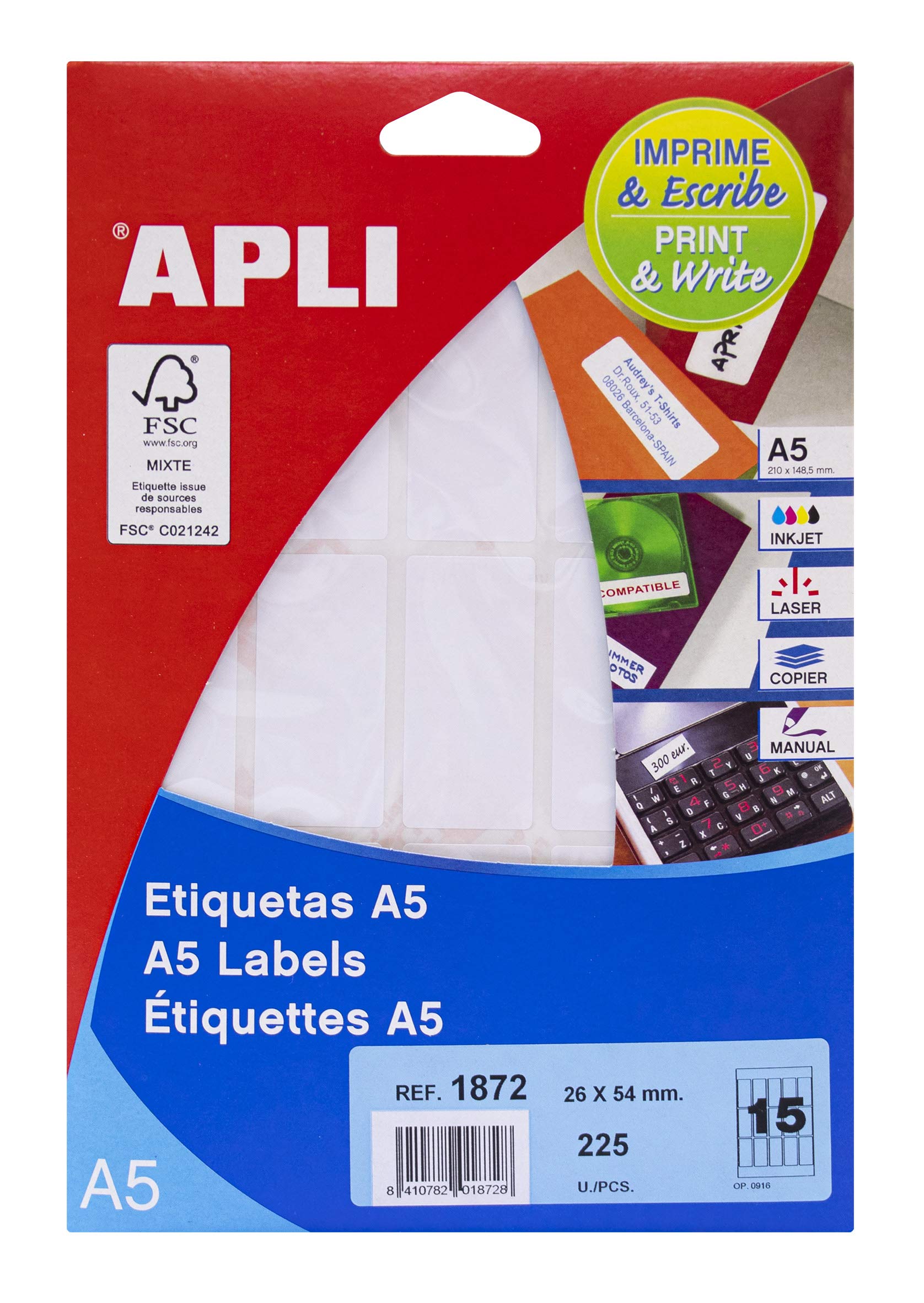 APLI 71y18 White Printable Labels 26 x 54 mm White