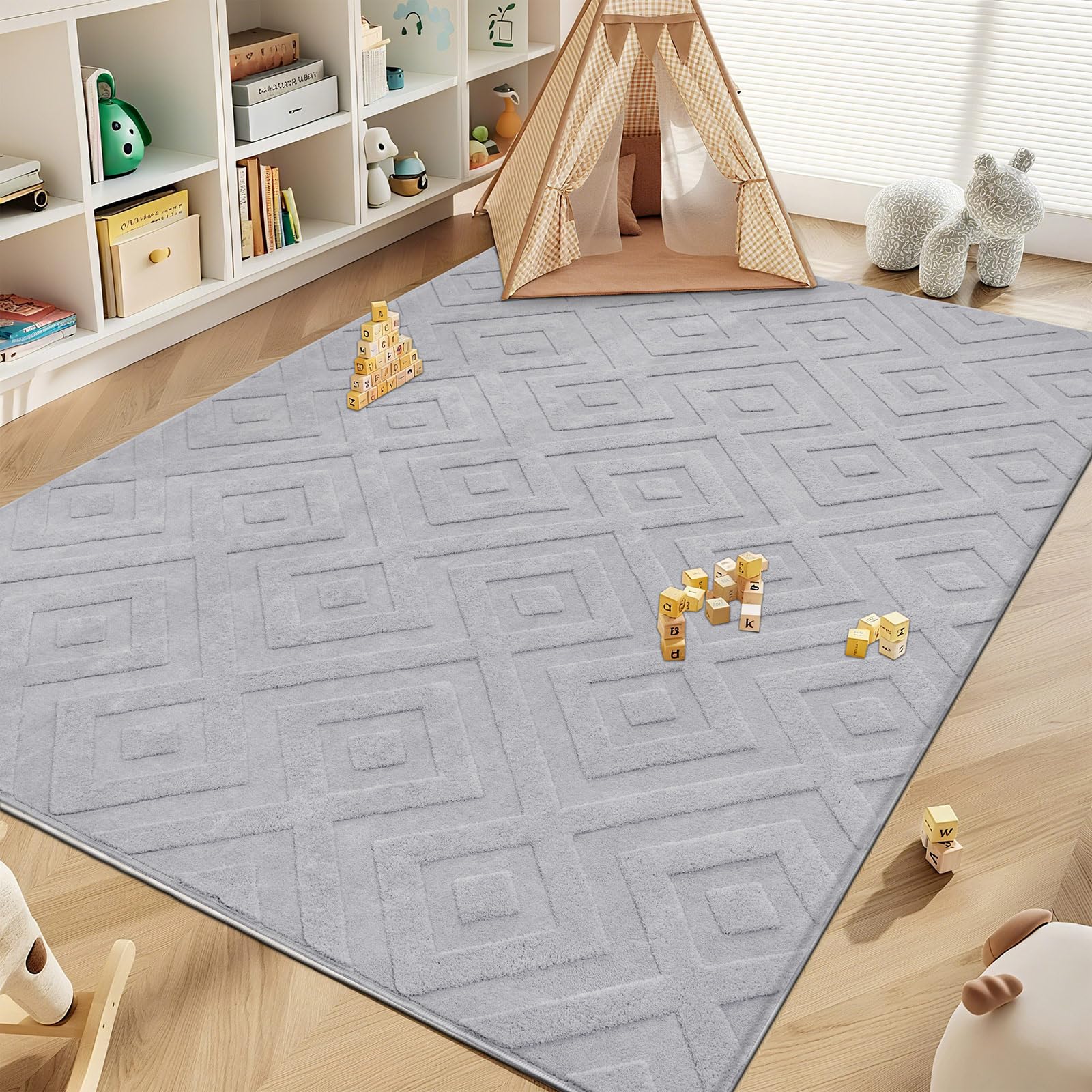 SHACOS Tappeto Camera da Letto Grigio Chiaro, Morbido Tappeti Salotto Moderni Grande 160 x 230 cm, Antiscivolo Tappeto Lavabile in Lavatrice per Cameretta, Cucina, Geometrico Minimalista Rombo 3D