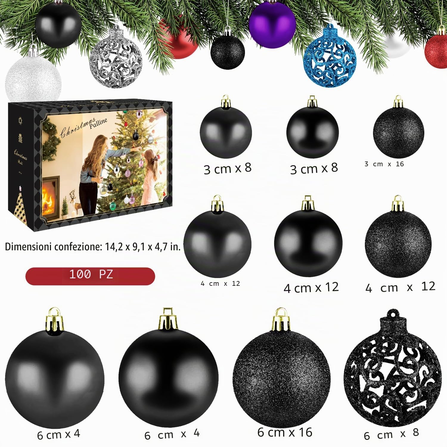 Taeku Palline di Natale Set, 100Pcs Plastica Addobbi Natalizi Palline Decorative Infrangibili Baubles di Natale con Ganci per Feste di Matrimoni e Natale (Nero)