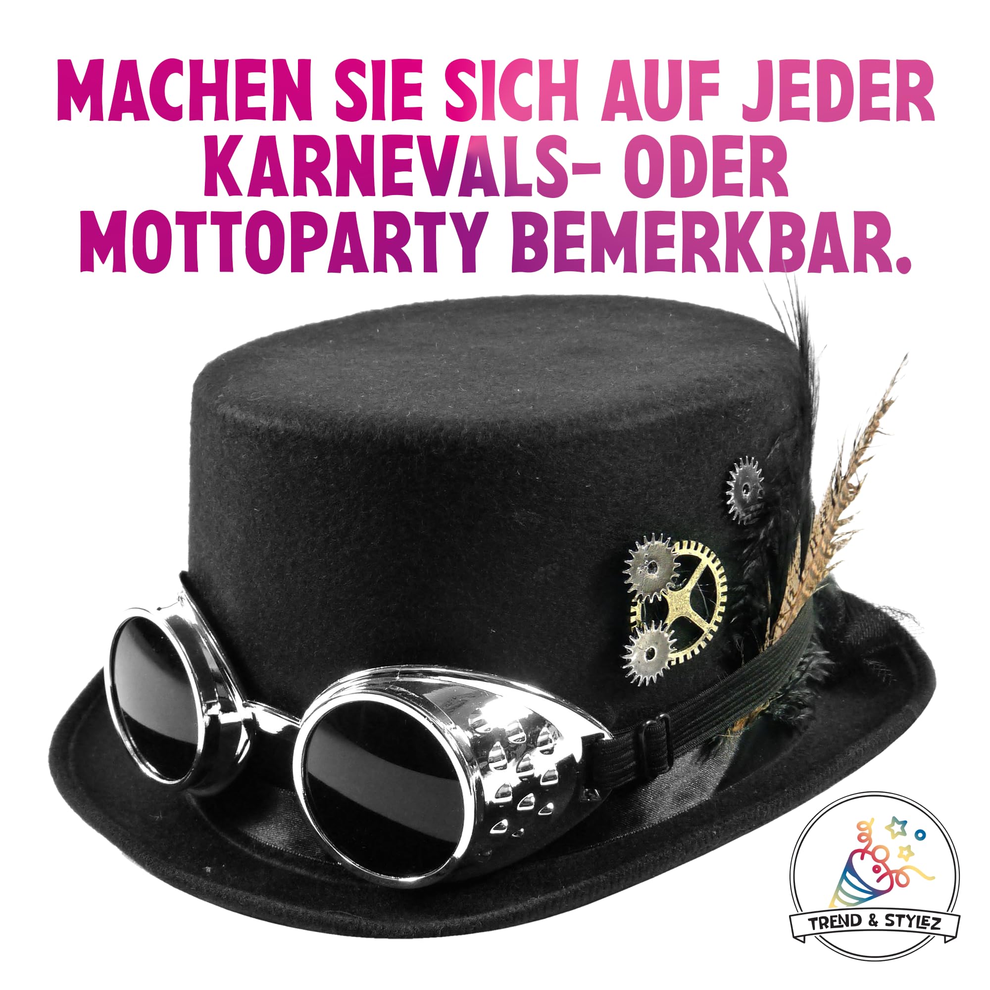 Hut Zylinder Steampunk, schwarz, mit abnehmbarer Brille, Zahnrädern und Federn für JGA, Mottoparty, Fasching Karneval