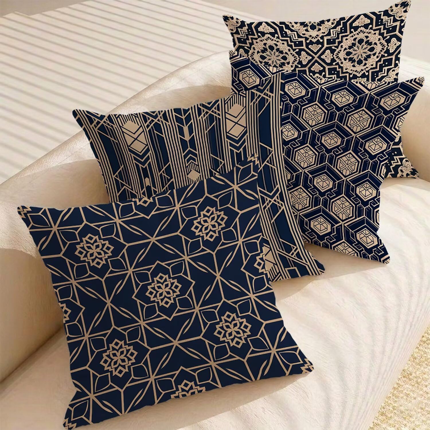 Poduszka outdoorowa, wodoszczelna, zestaw 4 poszewek na poduszkę w stylu boho 65 x 65 cm, krótkie, pluszowe, kwadratowe, na kanapę, na sofę, taras, meble ogrodowe, balkon, do salonu, dekoracja retro