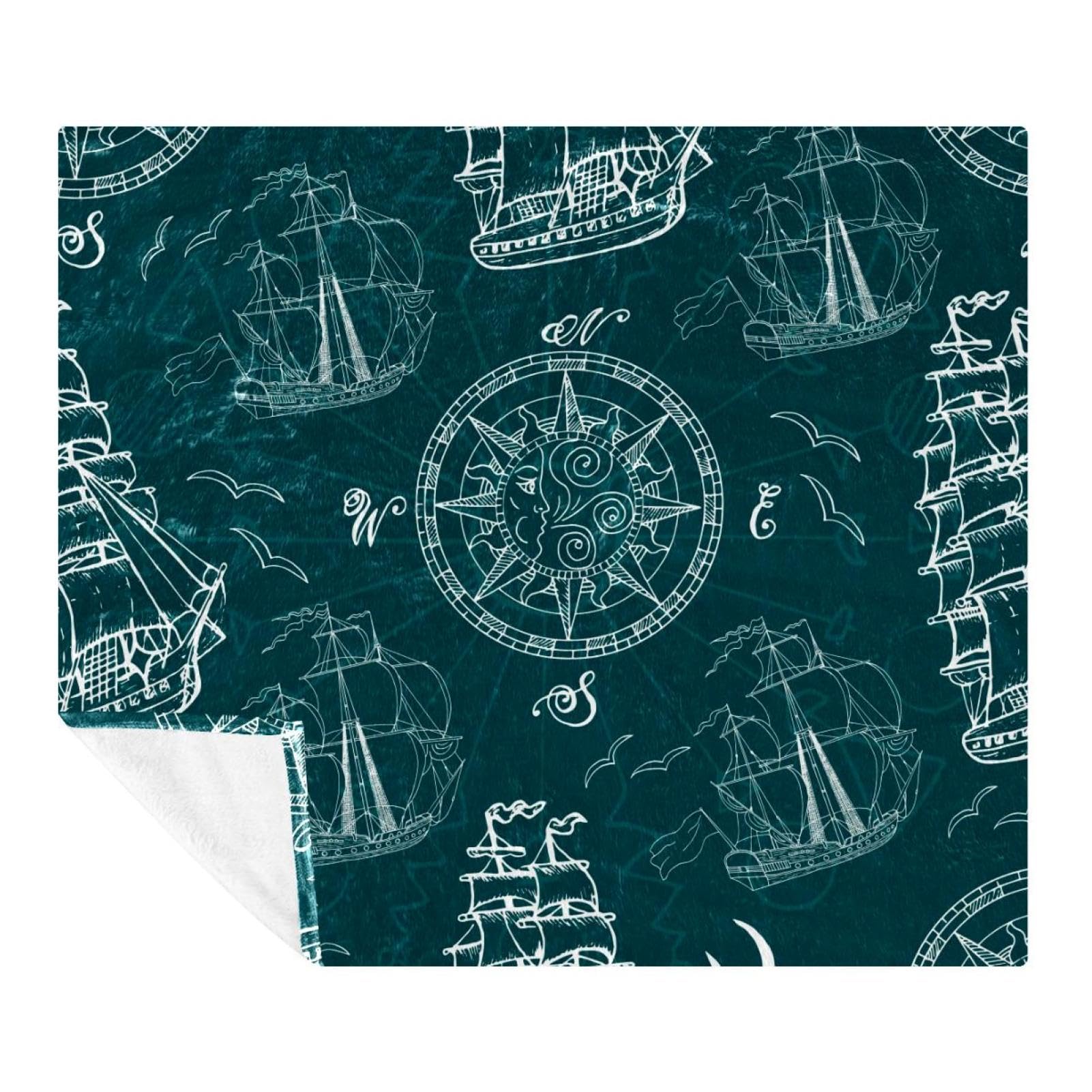 Couverture douce boussole et voilier plaid léger chaud pour adulte et enfant