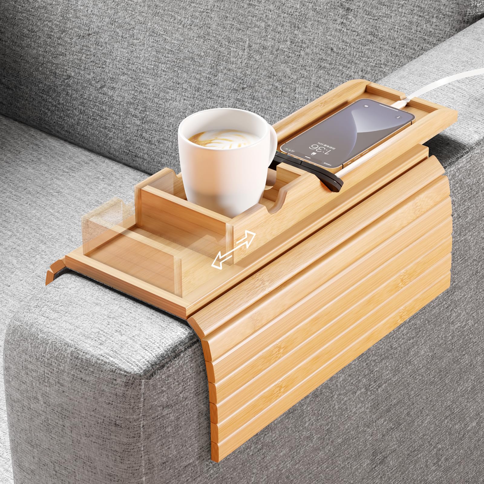 Amazon.com: Bamboo Couch Cup Holder and Sofa Armrest Table 2 in 1 Couch ...