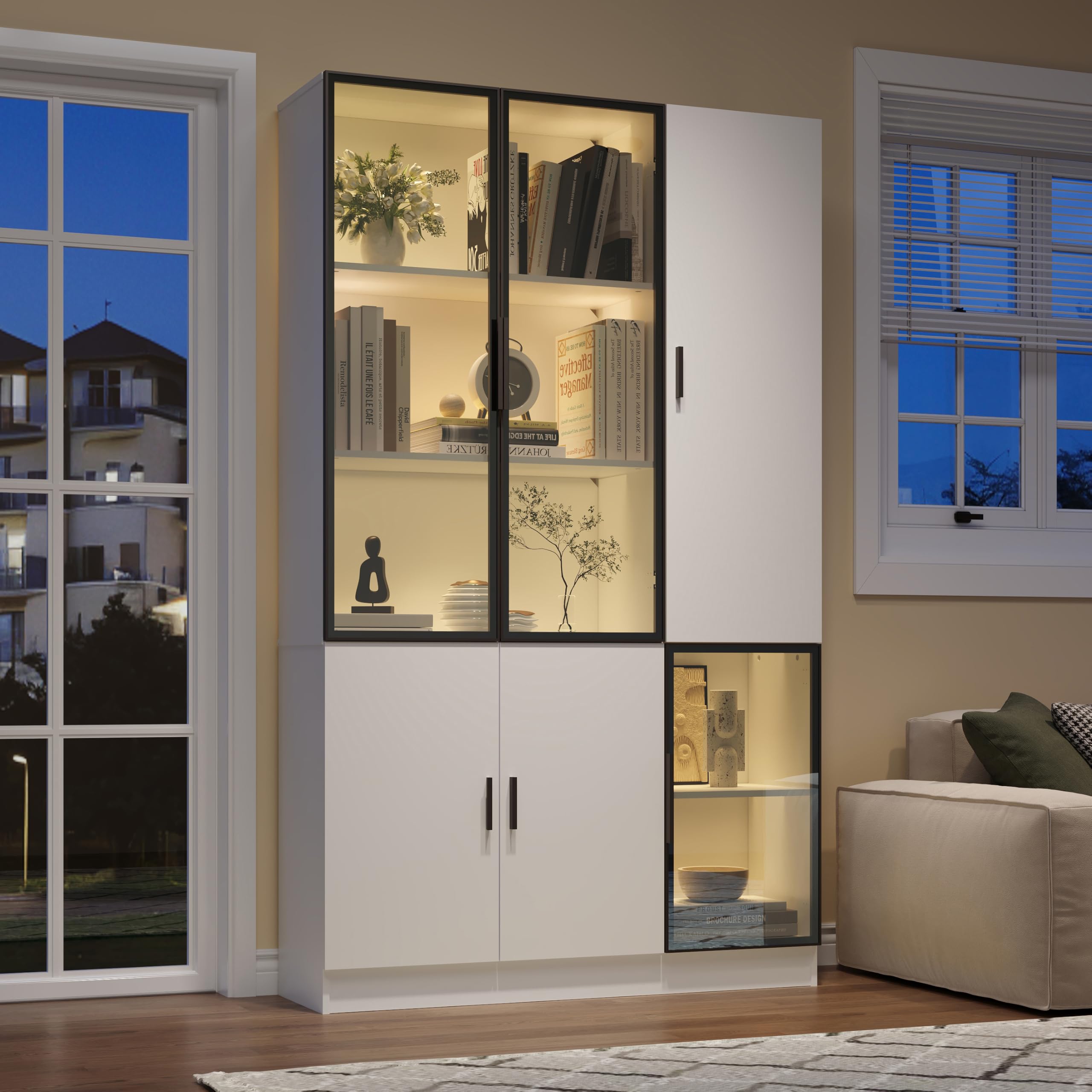 Glasvitrine Stehend, Glasschrank Tür 200cm Hoch, Vitrinenschrank Wohnzimmer mit LED-Lichtern, Wohnzimmerschrank, MultiStorage Bücherschrank für Küche, Esszimmer, Büro, Schlafzimmer, Weiß