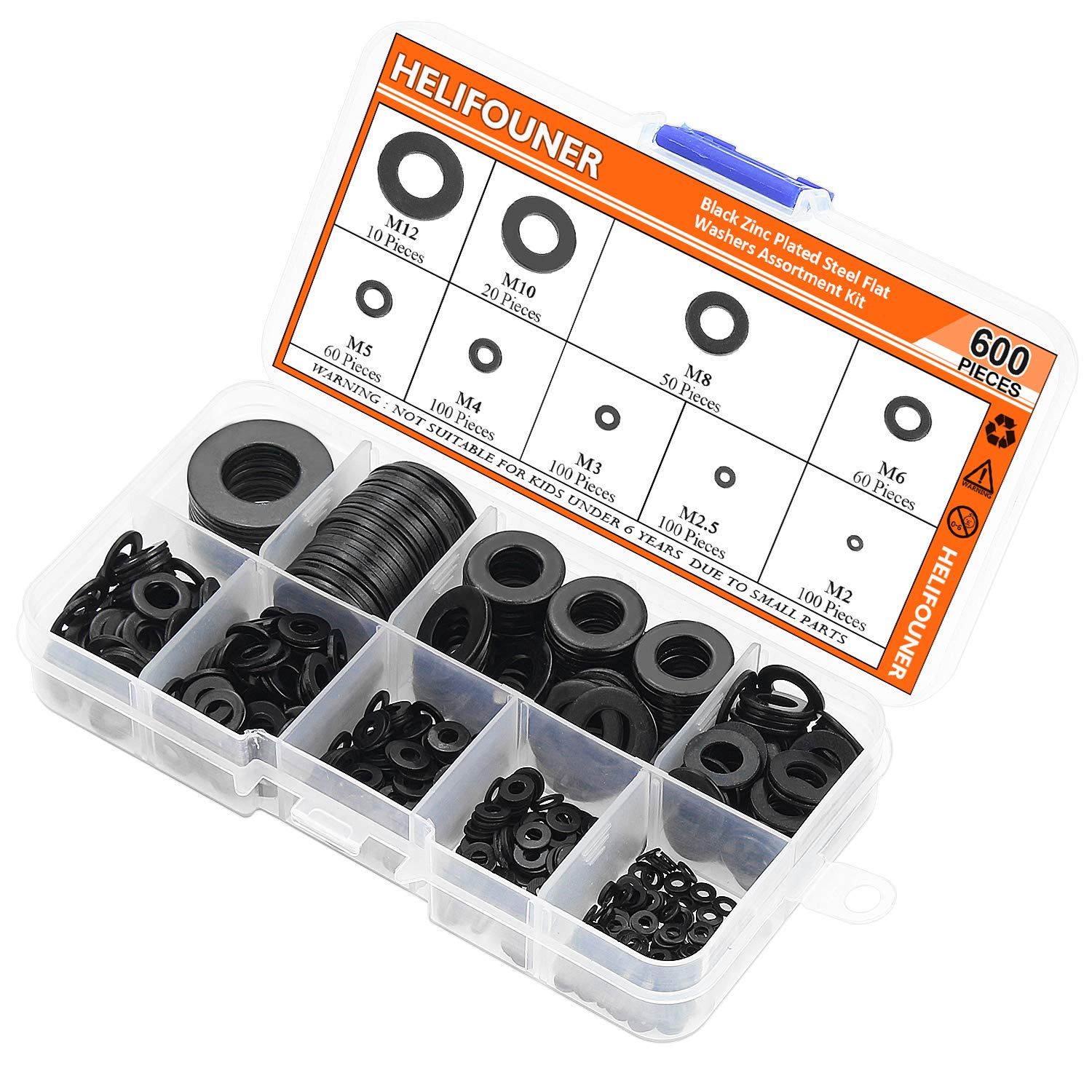 HELIFOUNER 600 arandelas de acero galvanizado disponibles en 9 tamaños (M2, M2,5, M3, M4, M5, M6, M8, M10, M12)