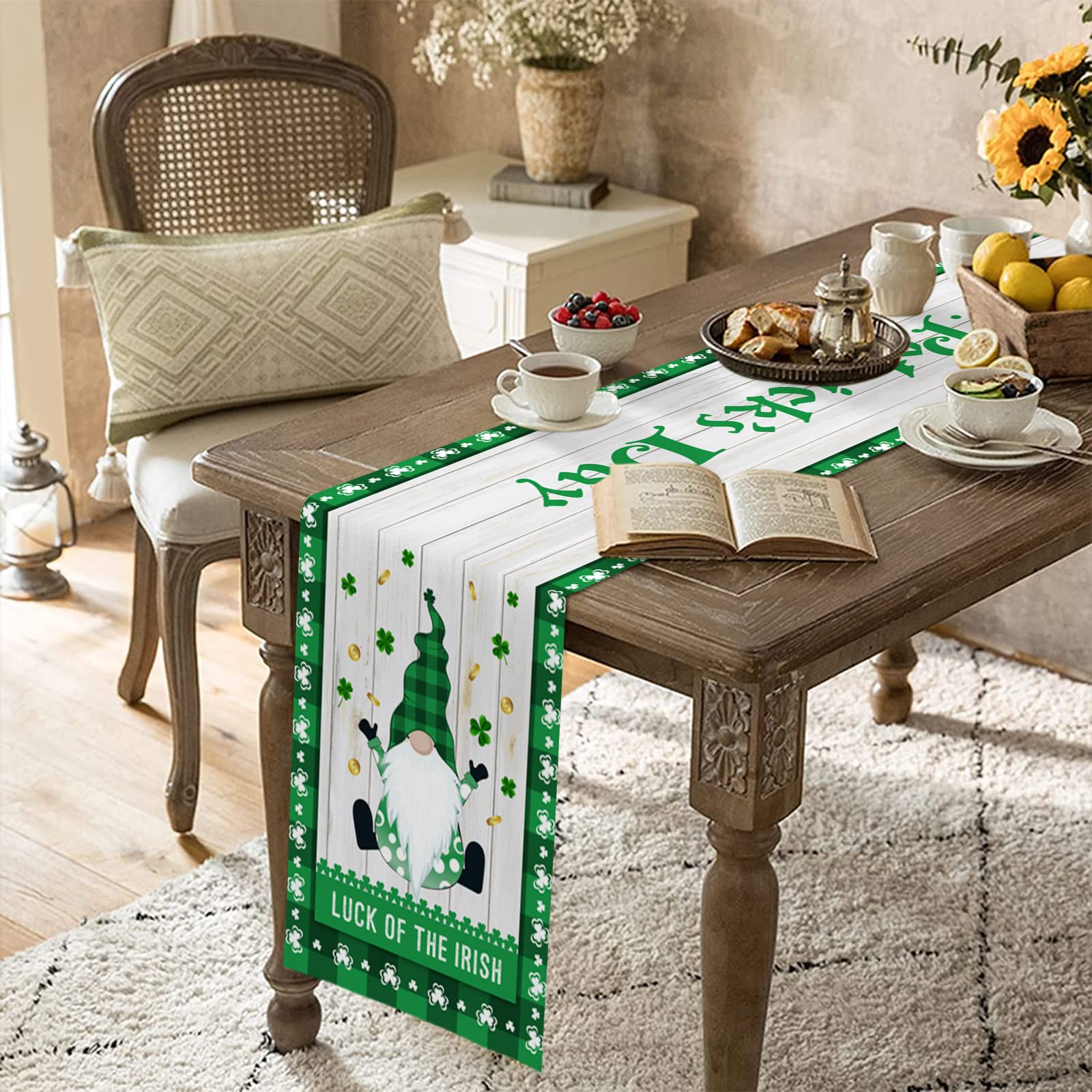 Shamrock St. Patrick's Day Table Runner - Linen 14x72 Inch Farmhouse Kitchen Dining Decor