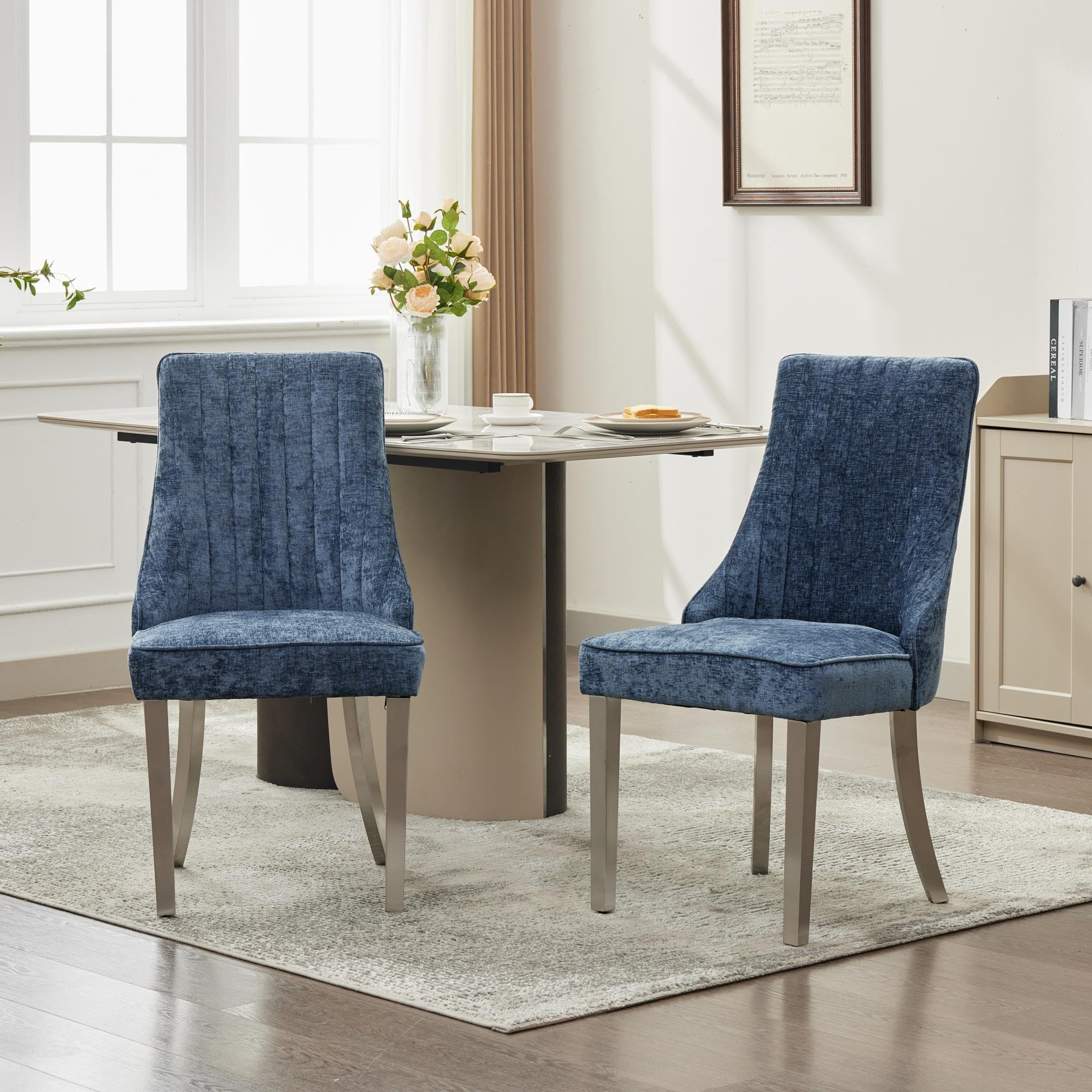 extrasleep Upholstered Dining Chairs Set of 2, Modern Fabric Kitchen Dinner Chair with ilver Brushed Stainless Steel Legs and High Backrest, Rayon Cloth Flocking Chenille Dining Chairs, Blue