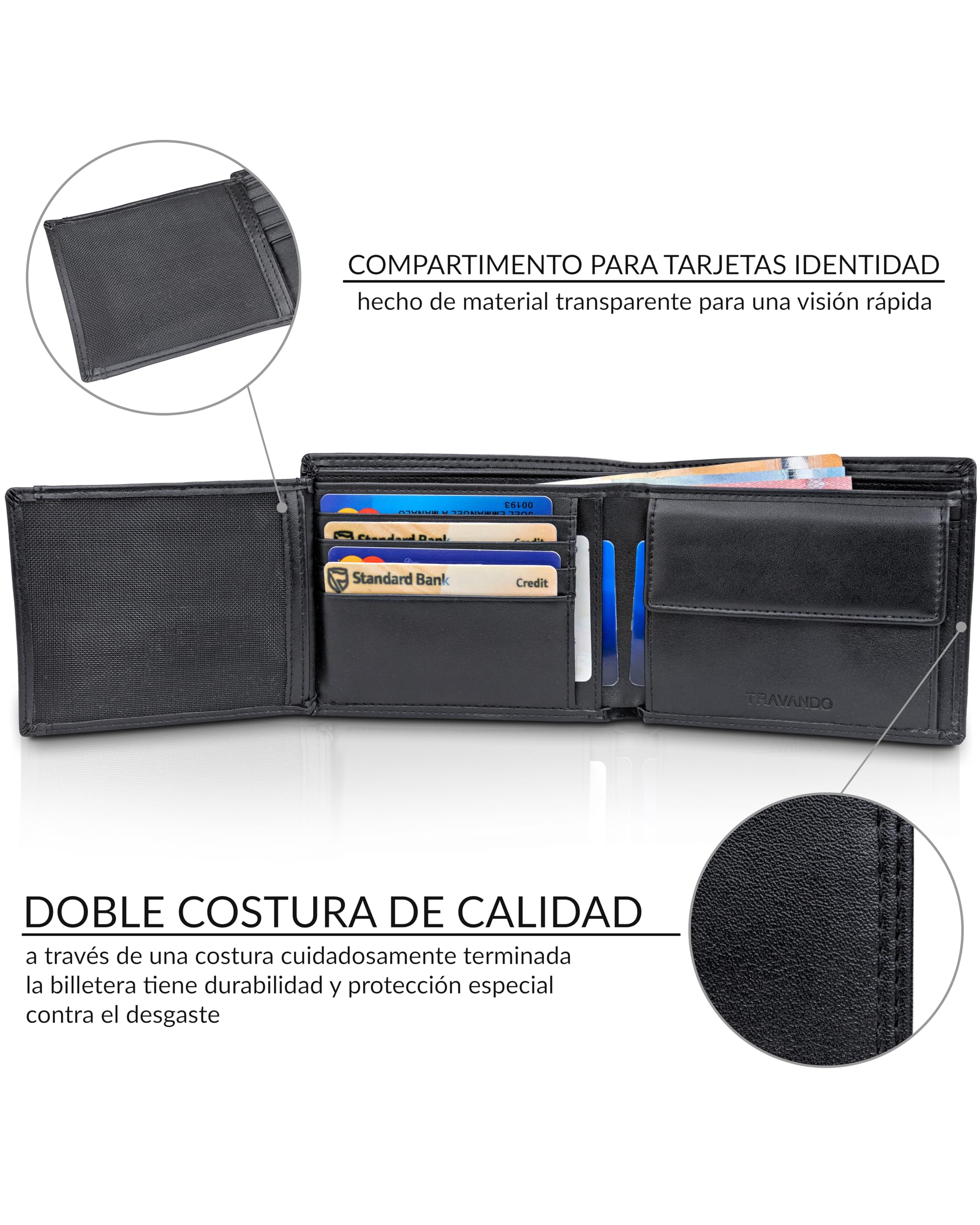 TRAVANDO Cartera Hombre Madrid con Bloqueador RFID, Billetera Negra, Tarjetero, Monedero Varón, Portamonedas, Regalo, Wallet, Vertical, Bolsillo Monedas Botón a presión Tarjetera, Ranuras