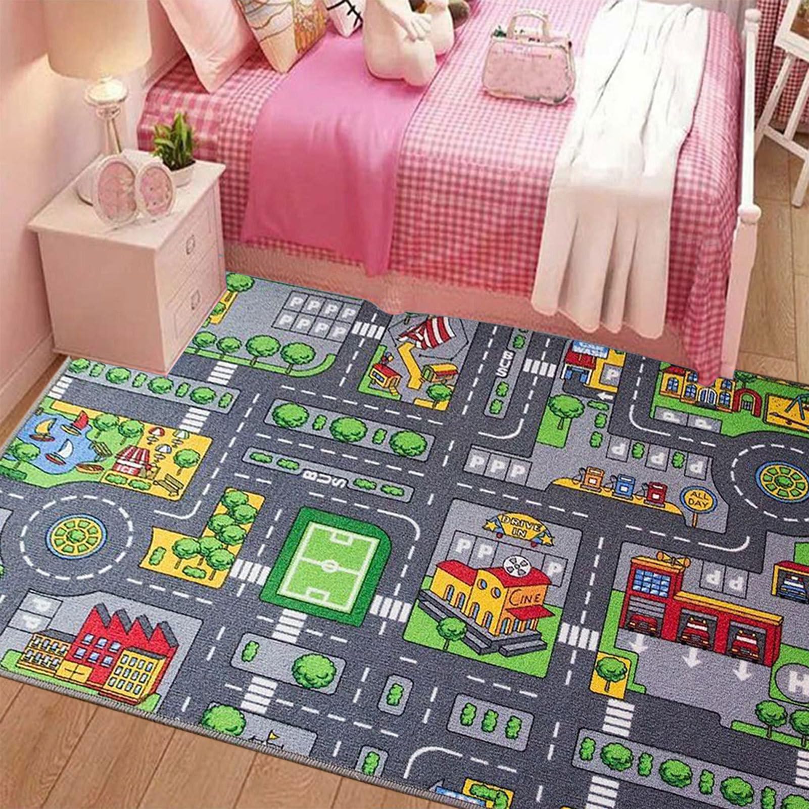 Générique Tapis Voiture Enfant 80x120 cm, Circuit Urbain en Velours pour Salon et Salle de Jeu