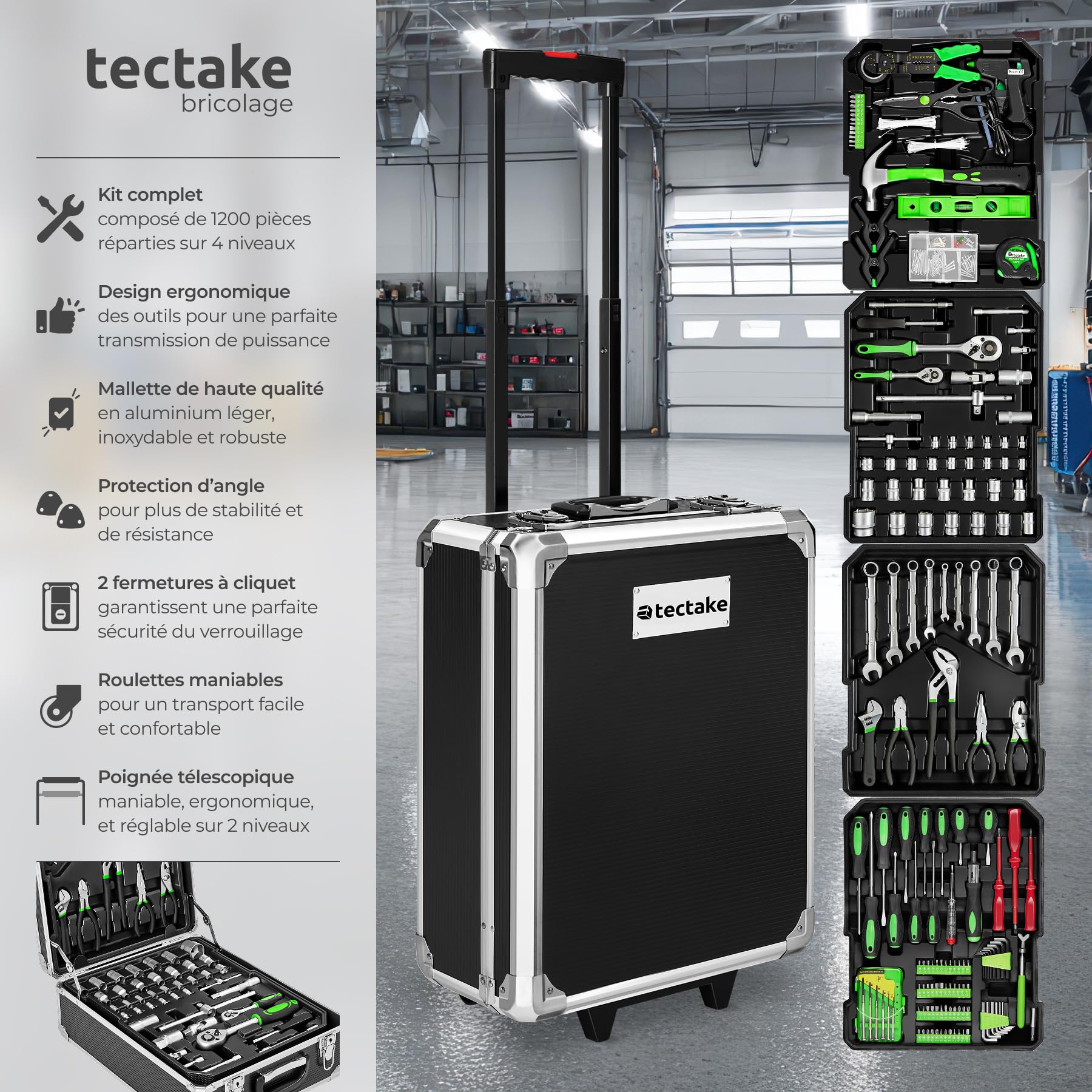 tectake Caisse à outils sur roulettes Servante d'atelier complète avec outils 1200 pièces - Rangement atelier Outillage à main Bricolage Embout visseuse Kit tournevis
