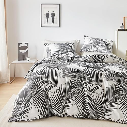 Miniatura 2 de YuHeGuoJi Juego de funda de edredón tropical costera, tamaño King, 100 % algodón, 3 piezas, 1 funda de edredón botánica hawaiana negra y blanca con