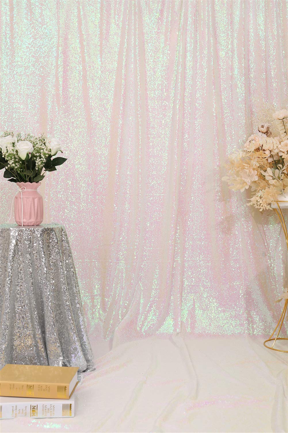 2Pieces Sequin Backdrop 2ftx8ft(60x243cm) Shiny Seamless Photo Booth Curtain for Party Wedding Decoration Photo Background, Iridescent — view 5
