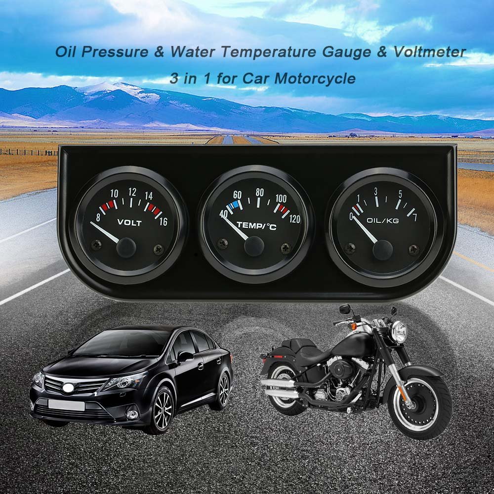 Shkalacar 3 en 1 Voltímetro de Indicador de Temperatura del Agua de Presión de Aceite 52 mm, Kit de Indicador Triple Electrónico Medidor para Moto, Coche 12V
