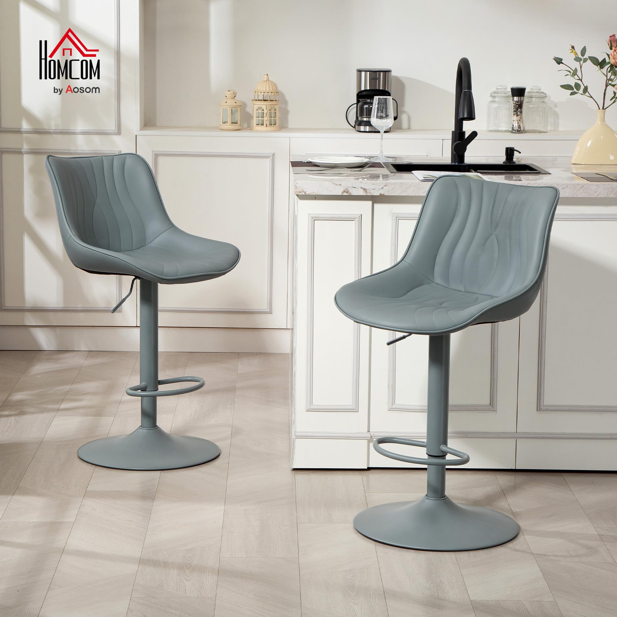 HOMCOM Juego de 2 Taburetes de Bar Taburetes Altos de Cocina Giratorios con Altura Ajustable 92-110 cm Respaldo Asiento de Piel Sintética Marco de Acero y Reposapiés para Comedor Mostrador Gris