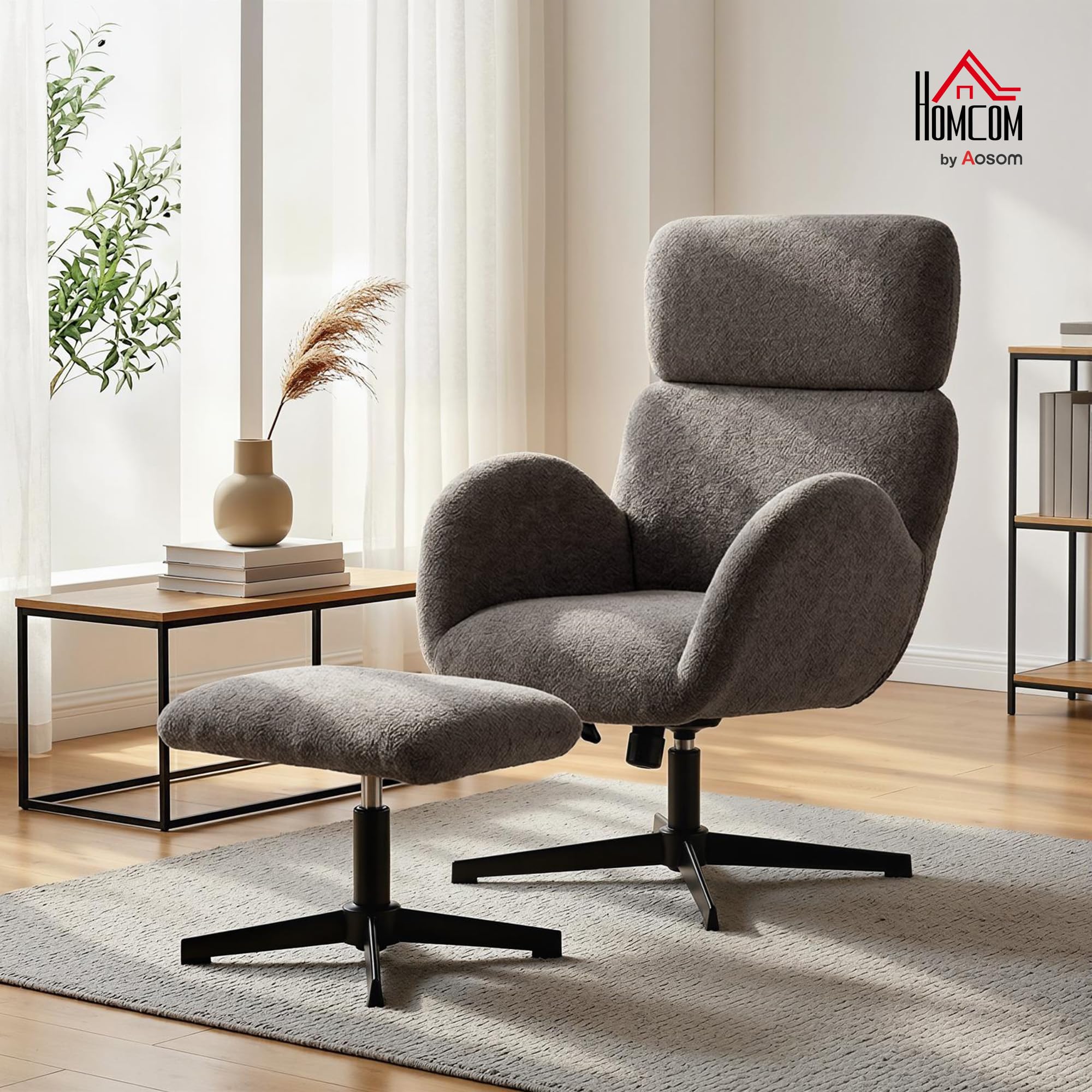 HOMCOM Relaxsessel mit Hocker Drehbarer Loungesessel mit Samtstruktur Grau
